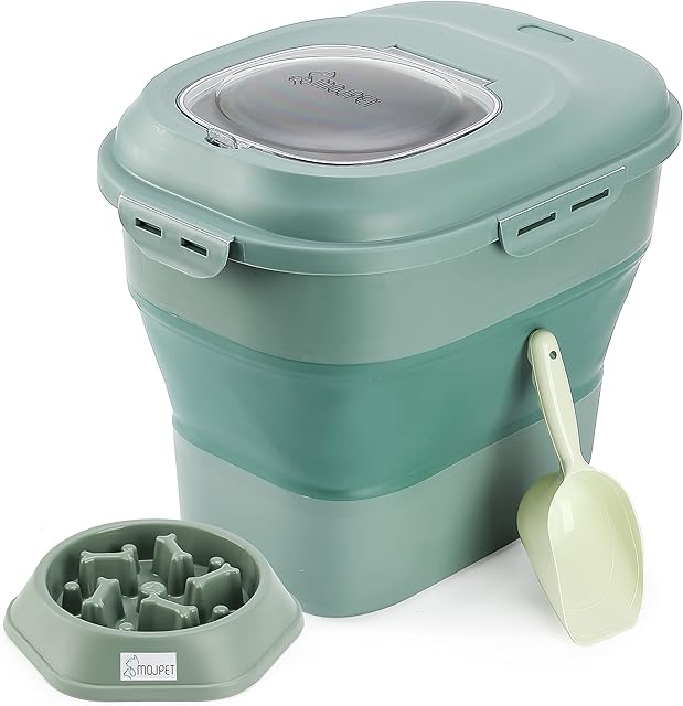 MojPet Collapsible Dog Food Storage Container, 30 Lb Pet Cat Pantry Plastic Large Containers Bin with Wheels Airtight Lids Locking Bowl and Measuring Scoop