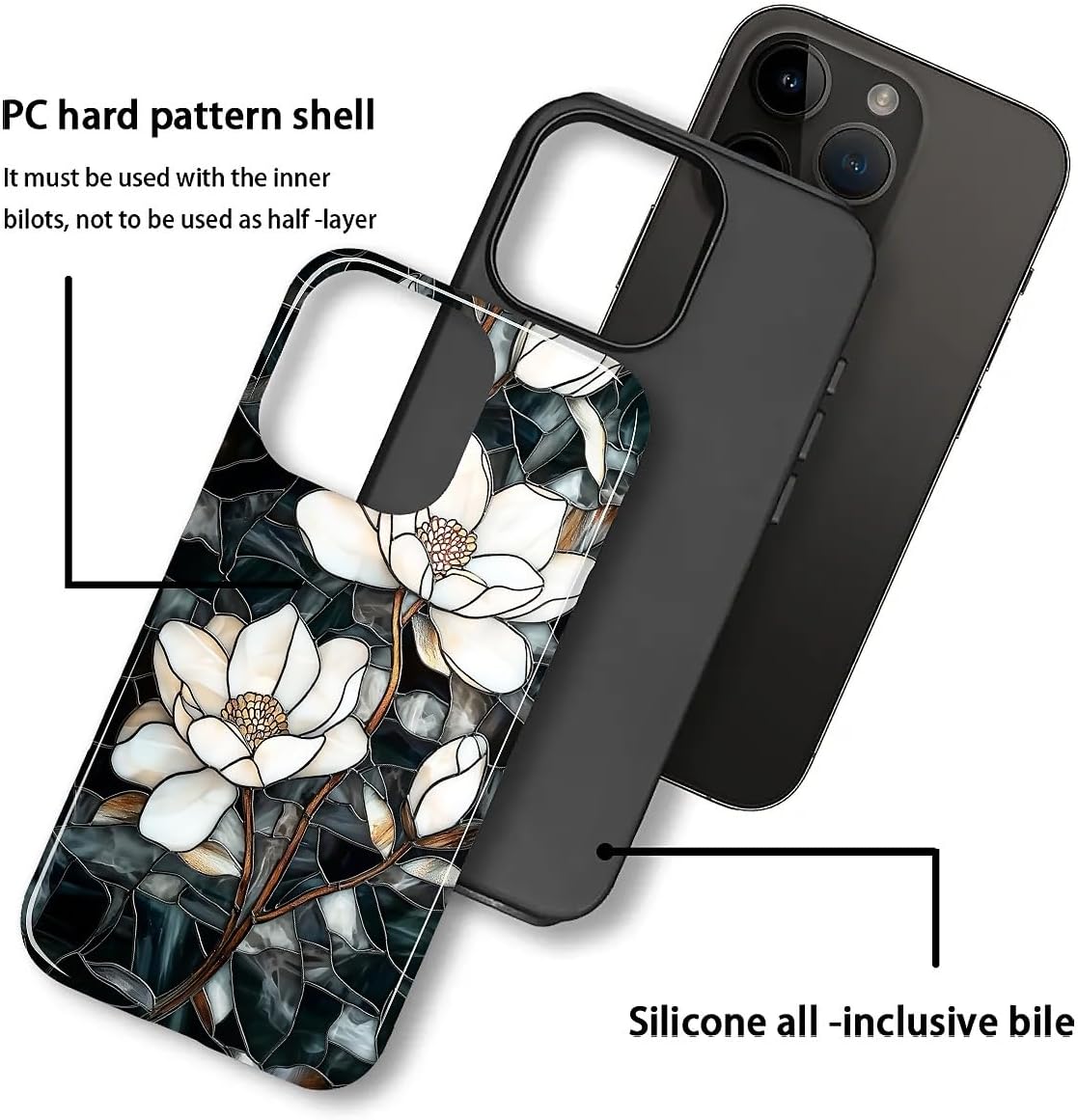Magnetic Case for iPhone 15 Pro Max,Compatible with Magsafe,PC Hard Shell & Silicone Inner Bumper,Shockproof Full-Body Cover for iPhone 15 Pro Max Case - Stained Glass Unique Magnolia - Image 2