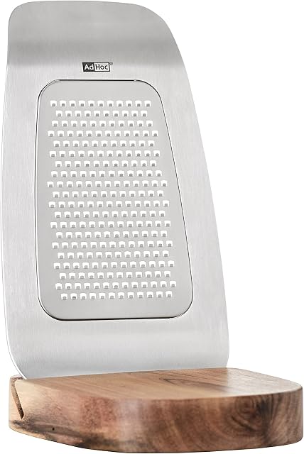 AdHoc GG11 GRANA Fine Grater | Stainless Steel/Acacia Wood | With Wooden Stand | (H) 170 mm x (W) 95 mm | Silver/Brown