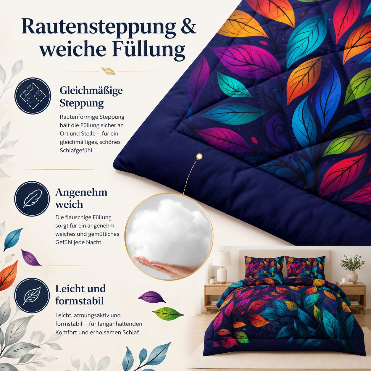 Bettdecke 135x200 4 Jahreszeiten, Bunt Blätter Steppdecke Leicht Microfaser Ganzjahresdecke Blatt Bettdecke Ohne Bezug Nutzbar Waschbar Schlafdecke mit 2 Kissenbezug 80x80cm