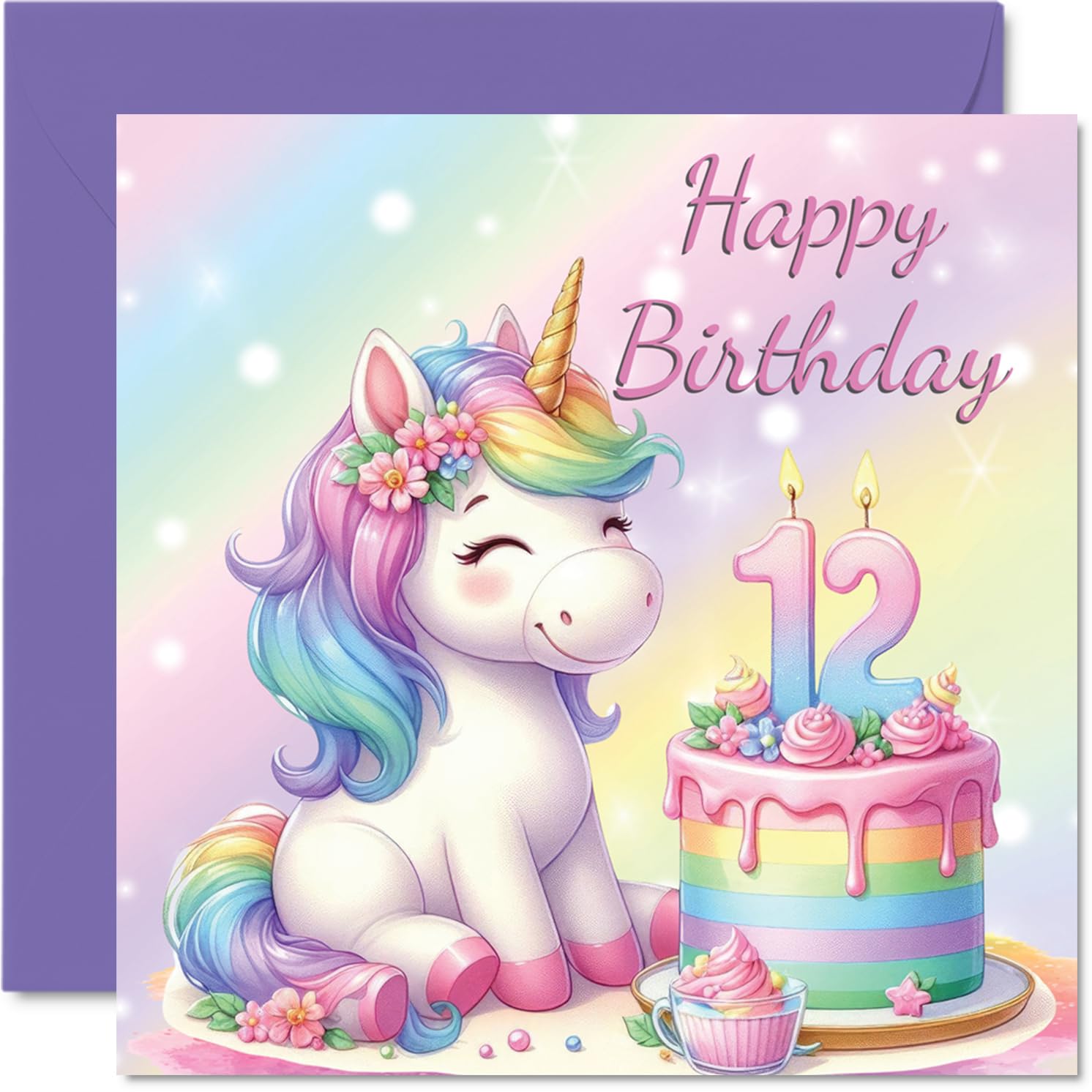 12th Birthday Cards for Girls - Unicorn Cake - Happy Birthday Card for 12 Year Old Girl Daughter Niece Cousin Sister, 145mm Bday Greeting Cards
