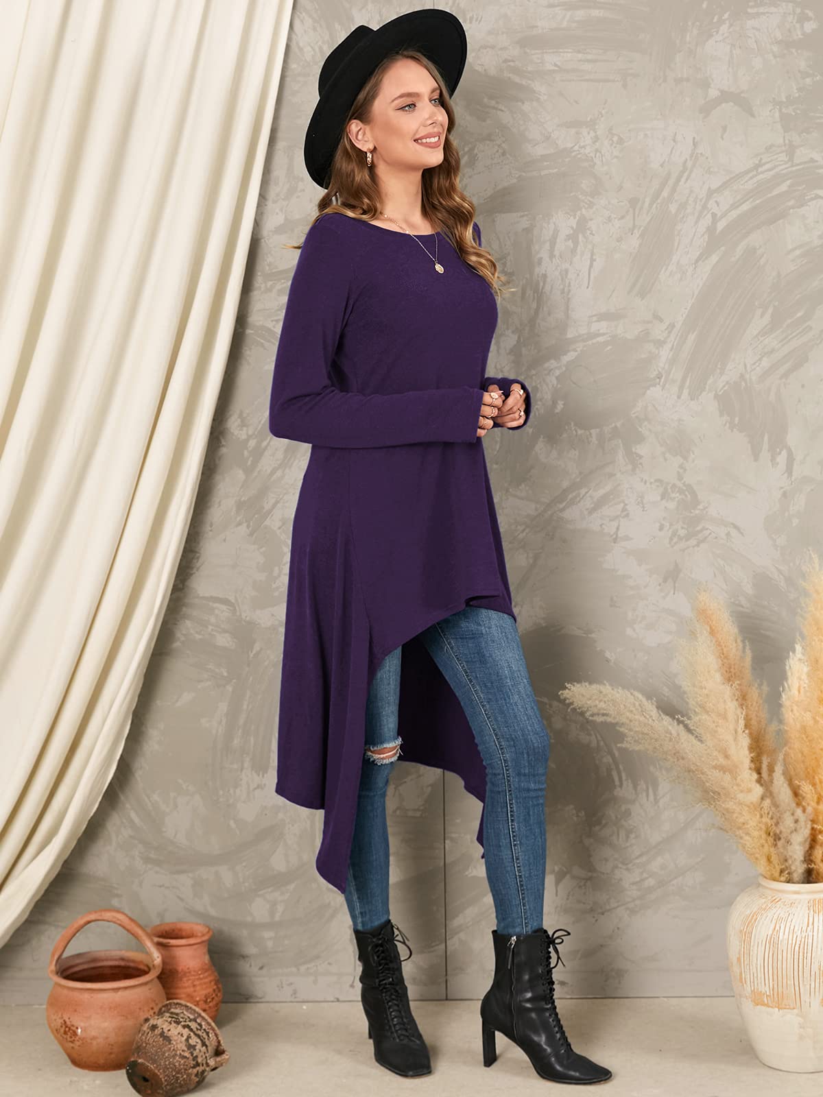 ZANZEA Femme Robe Pull en Maille Oversize HiverTunique Longue Grande Taille Robe Sweat Asymetrique 01-Violet L