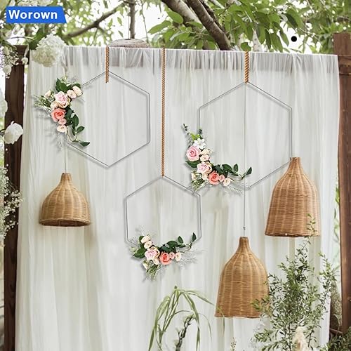 Miniatura 6 de Worown Paquete de 6 coronas hexagonales de metal floral de 8 pulgadas, anillos plateados para atrapasueños para manualidades, corona de Navidad y