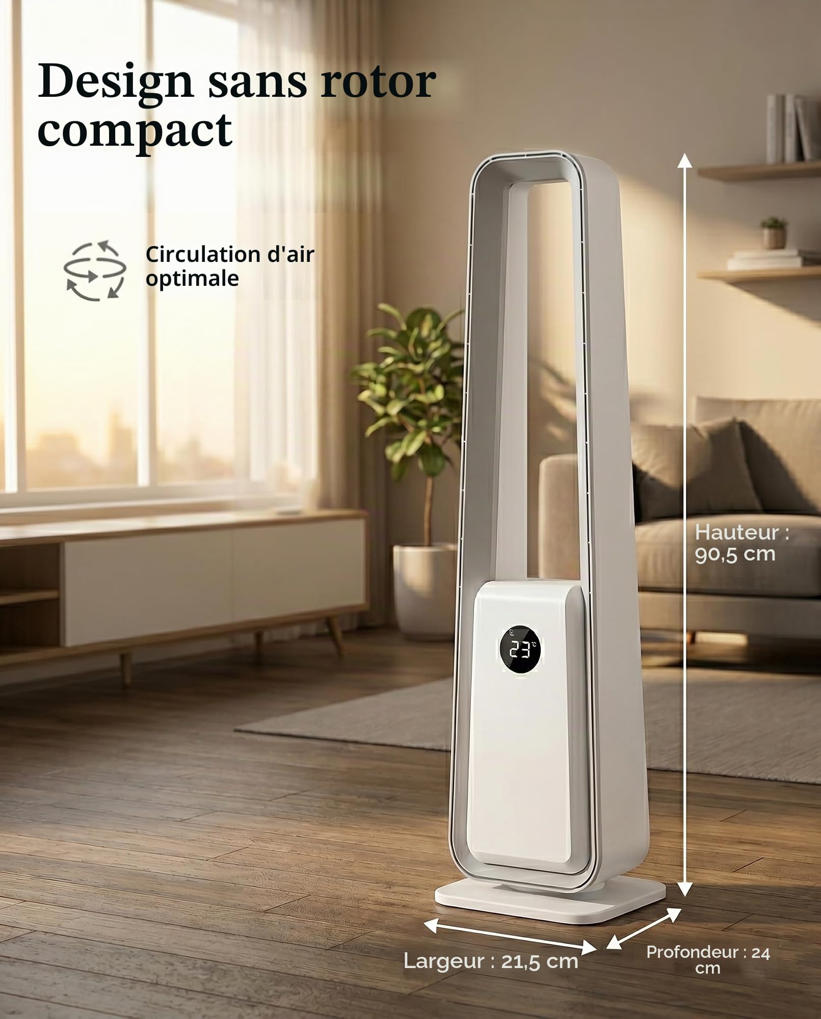 Ventilateur Sans Pale : Ventilateur Colonne Sans Pale Silencieux avec Télécommande, 24 Niveaux de Vitesse, 3 Modes, Minuterie 12H, Oscillant pour Chambre et Salon, Chambre, Maison, Bureau