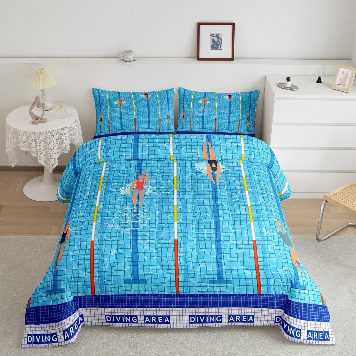 Blue Swimming Pool Comforter Set Queen For Kids Teens Adult Summer Cool Bedding Set,Modern Fashion Sport Quilt Set Relaxing Leisure Activity Themed Bed Set Room Decoration,Lightweight 3 Piece