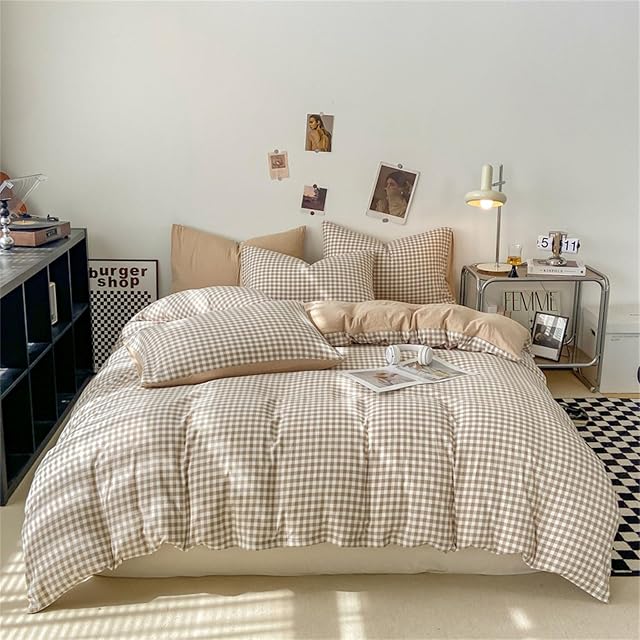 Housse de couette Nayoroom vichy taille reine, marron, à carreaux, couverture de confort, ensemble de literie de ferme, 3 pièces, douce, respirante, en microfibre lavée, cadeaux pour femmes et hommes