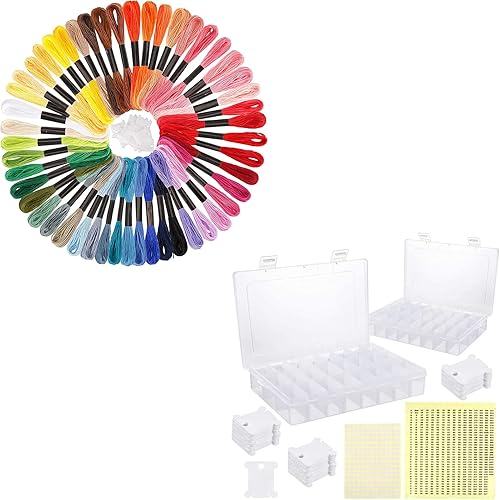 Caydo Hilo de bordar, 50 madejas de hilo de bordar con 2 piezas, organizador de hilo de bordado de plástico para hacer pulseras, manualidades de