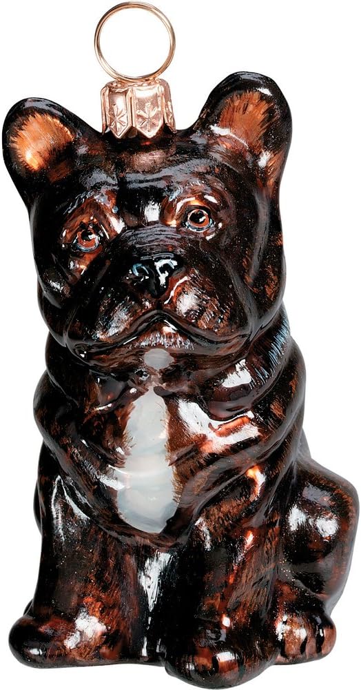 Joy To The World French Bulldog Black Sitting Dog Blown Glass Polish Christmas Tree Ornament