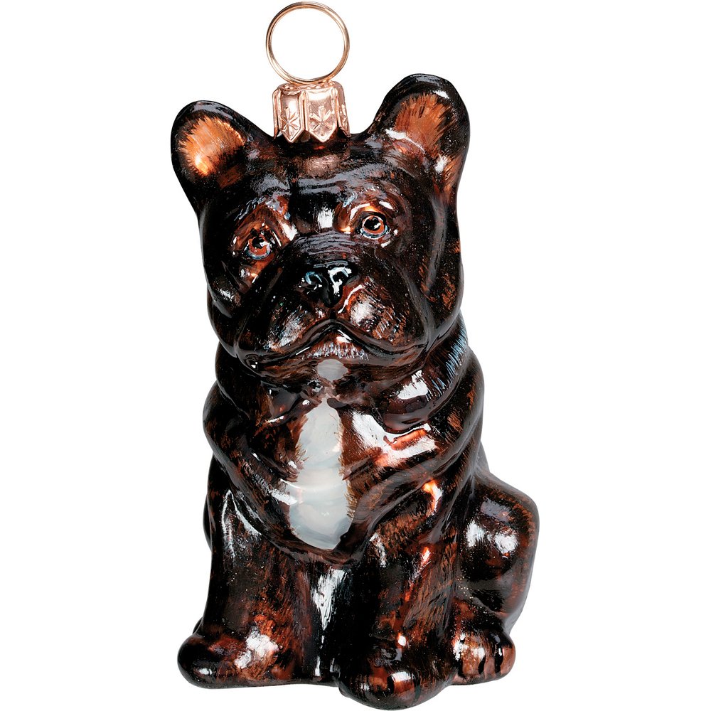 Joy To The World French Bulldog Black Sitting Dog Blown Glass Polish Christmas Tree Ornament