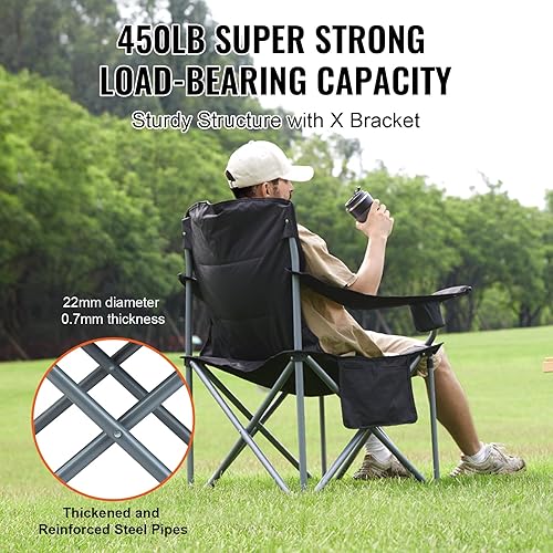 Miniatura 5 de VEVOR Silla plegable de gran tamaño para campamento, portátil, de alta resistencia para exteriores, respaldo lumbar cuádruple acolchado con