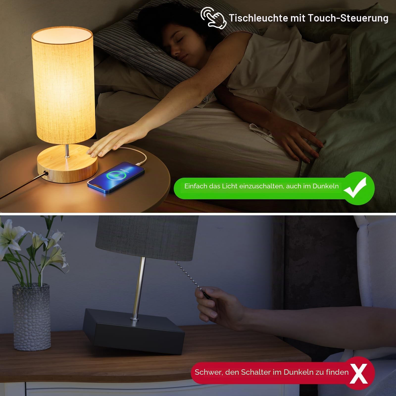 Nachttischlampe 2er set, Dimmbar Touch, USB-Anschluss | 3 Farbtemperaturen und Stufenlose Helligkeit Tischlampen, Geeignet für Schlafzimmer, Wohnzimmer, Büro
