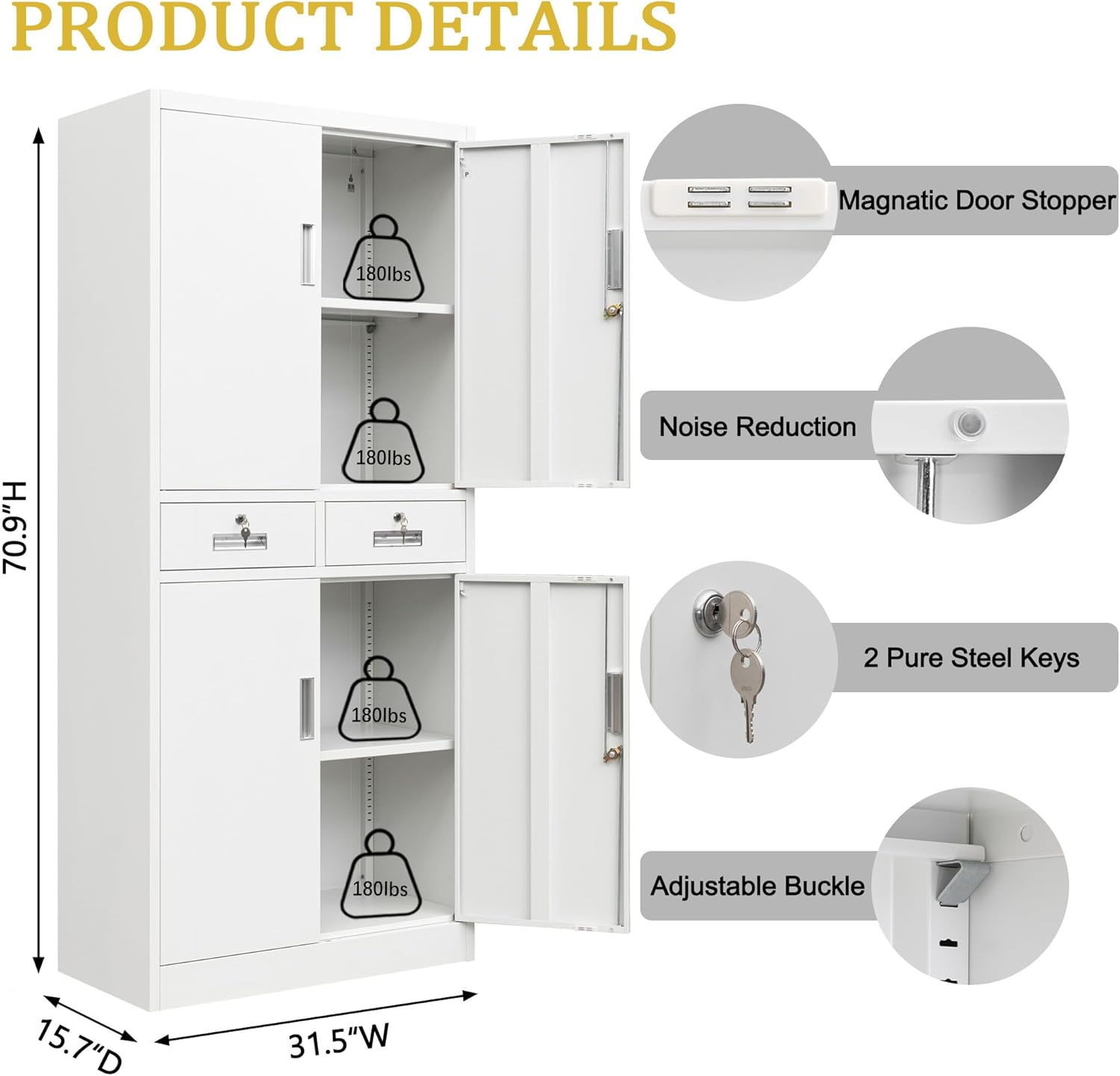 71" H Tall Metal Storage Cabinet with 2 Drawers, Metal Garage Storage Cabinet with Lock and 2 Adjustable Shelves for Home, Office, Garage, Warehouse Organize, White