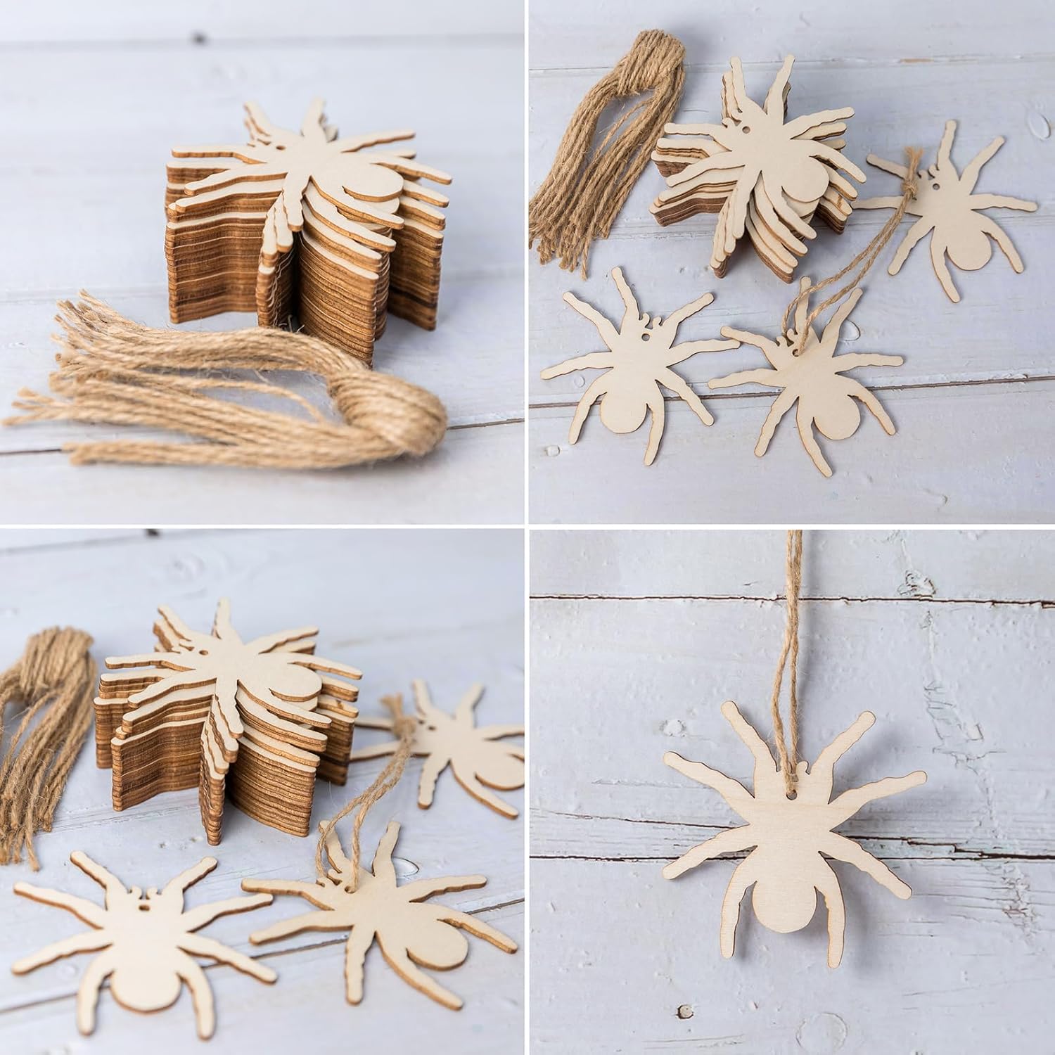 Unfinished Spider Shaped DIY Wood Halloween Blank Wood with Twines Art Unfinished Ornaments for Halloween Christmas Wedding Birthday Party Thanksgiving Day Decoration 20Pcs