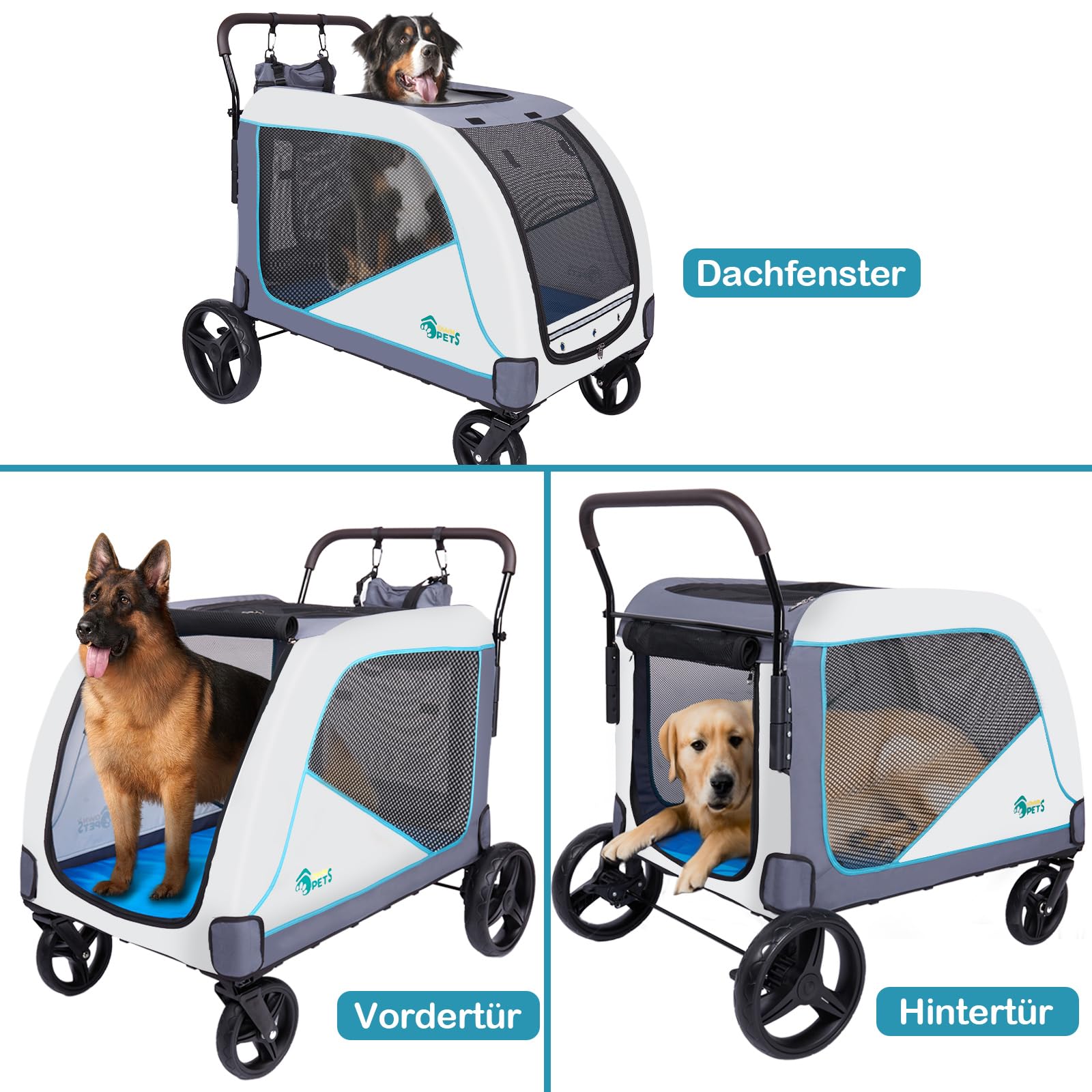 Ownpets Extra großer Hundebuggy für mittelgroße und große Hunde bis 70kg, mit Aufbewahrungstasche, verstellbarem Griff, atmungsaktives Netz, faltbar, 4 Gummi-Räder