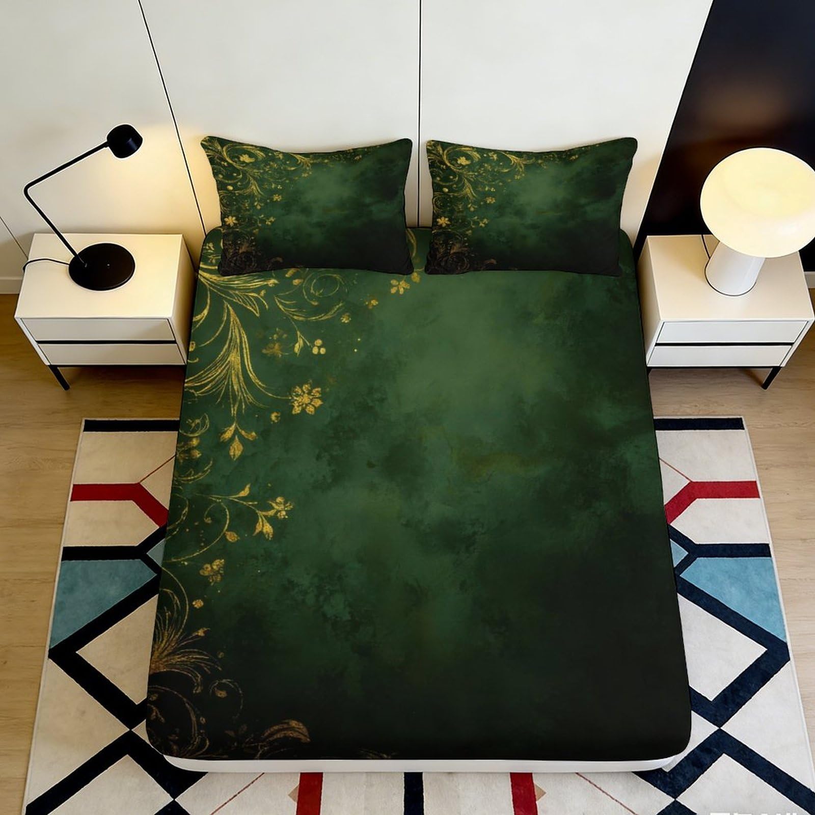 Dhbaneiok Style-2 3D Printed Forest Green Botanical Fitted Sheet Microfiber Soft Bed Cover Gold Leaf Mattress Cover Bedroom Decor 90X200x25cm