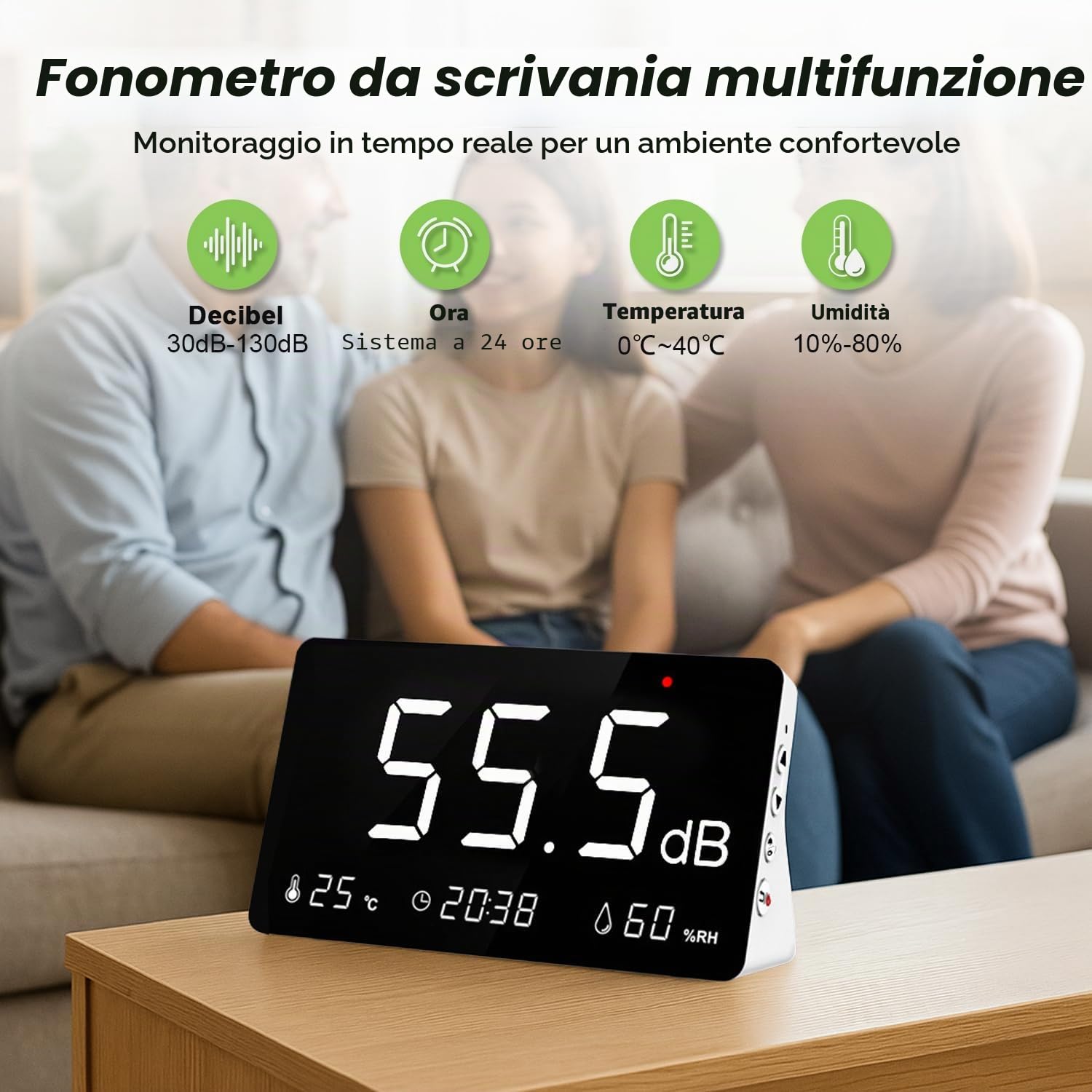 Misuratore di livello sonoro con registrazione dati, 30-130dB Digital Noise Decibel Meter con funzione di allarme, 26000 registrazione ed esportazione dati, ponderato A, ricaricabile per casa