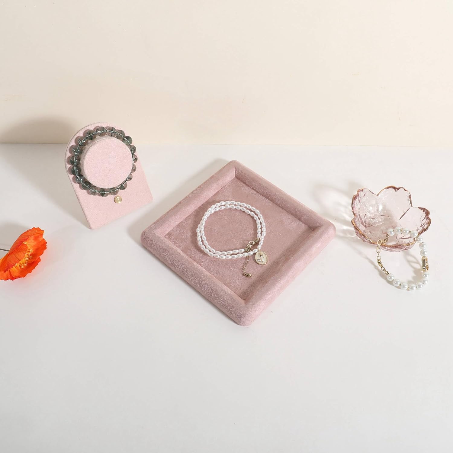 GemeShou Square velvet Jewerly display tray, Jewelry storage organizer plate, Empty Jewelry showcase tray for Necklace Bracelet Ring Earring display stand holder (Pink-Medium, 5.9 x 5.9 in) - Image 7