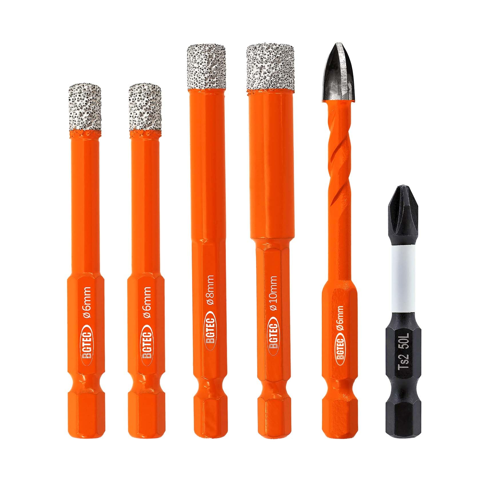BGTEC Diamond Drill Bit Set 6PCS - 6MM*2+8MM+10MM Tile Bits with 6MM Masonry Drill Bit & PH2 Screwdriver Bit for Porcelain Tile Marble Granite Concrete Wood Masonry