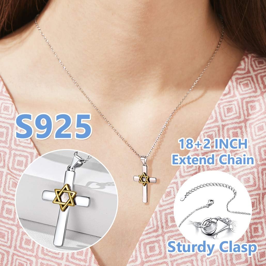 Silvora Sterling Silver Cross Pendant Necklace Jewish Megan Star of David Necklace for Female Christian Six-Pointed Star Charms