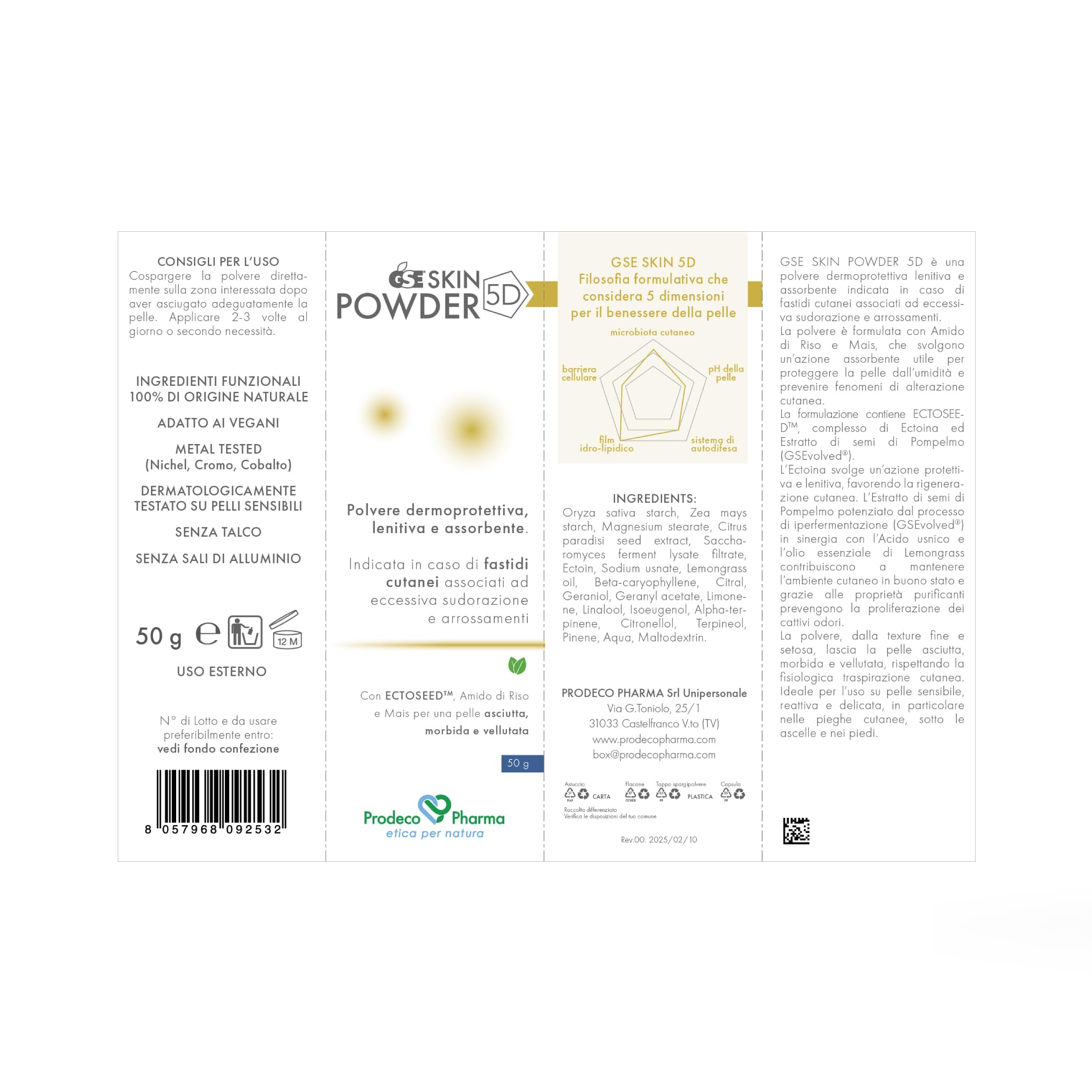 Prodeco Pharma GSE SKIN POWDER 5 D Polvo dermatológico 50 g – Indicado para la protección de la piel y como coadyuvante en caso de sudoración excesiva, piel húmeda y malos olores