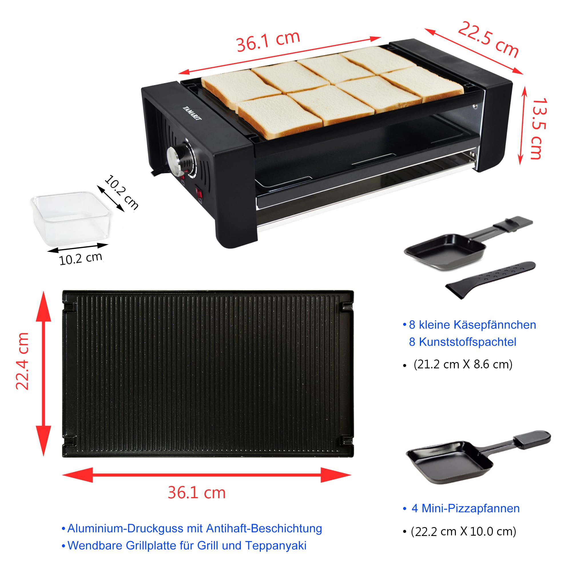 TAMARIT Raclette-Grill 3-in-1, mit Pizza-Funktion, 1500W, für 8 Personen | Elektrischer Tischgrill, Doppelheizung, BPA-freie Antihaftbeschichtung, Temperaturregler, 1500W