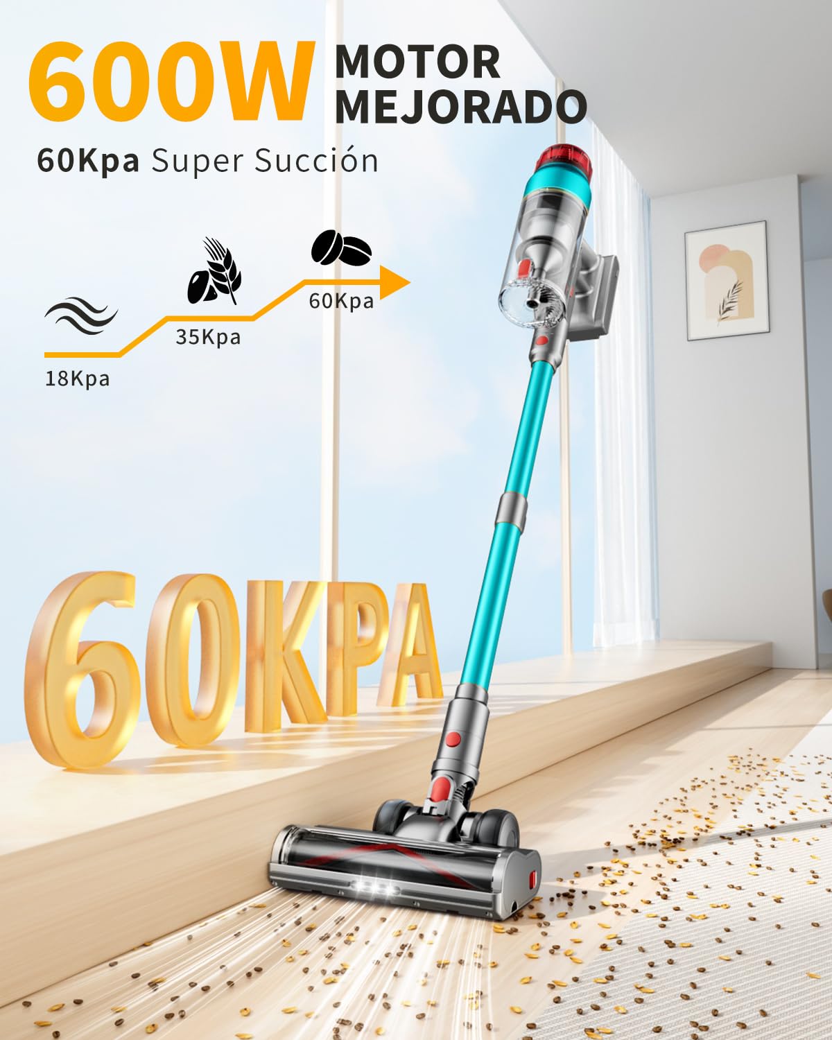 60KPa/600W Aspiradora sin Cable, Aspiradora Fregadora Sin Cable Potente hasta 75Mins, con Carga de Pared Smart Screen, Cepillo Antienredos, Alfombra Pelo Mascota Suelo Sofá
