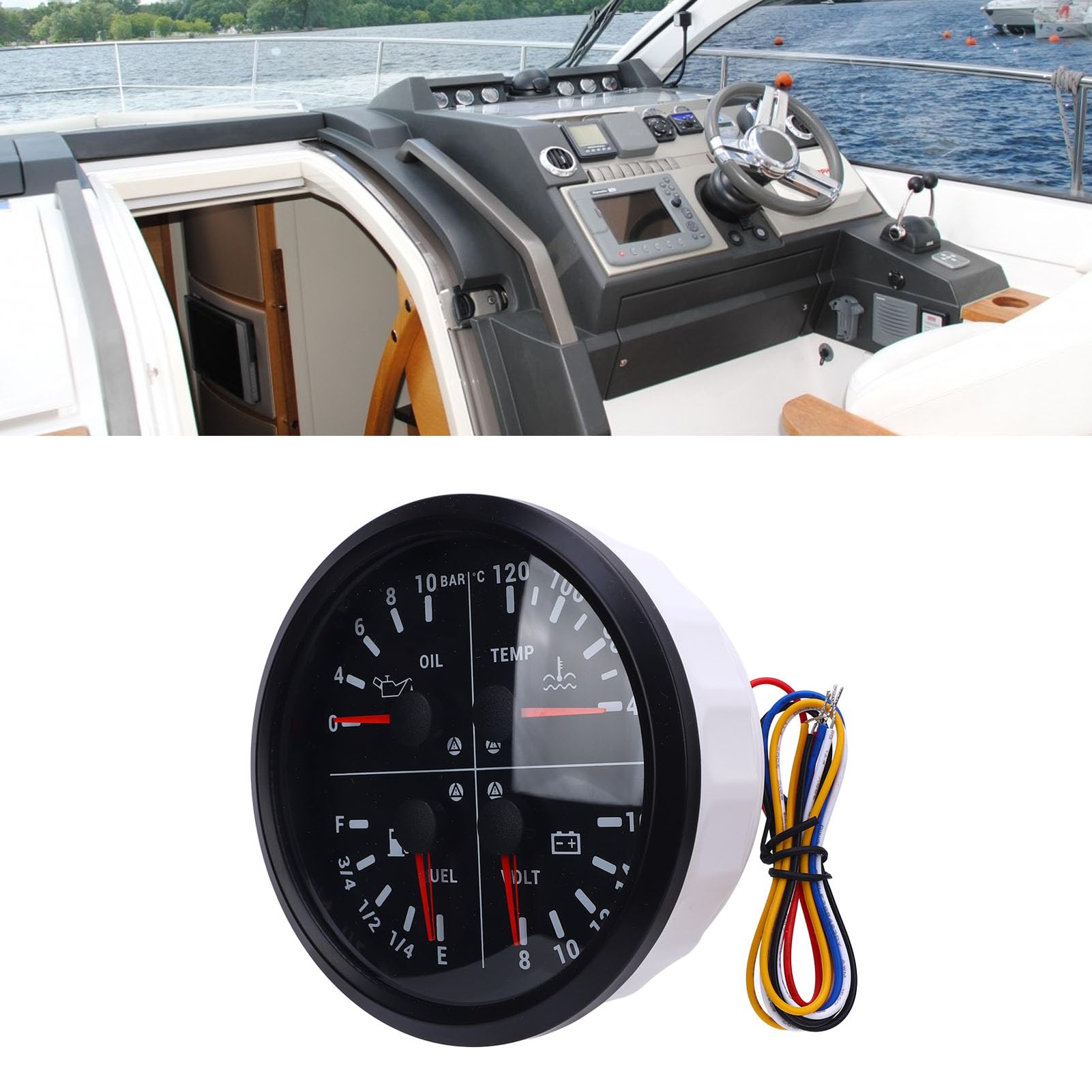 Fabater Digitaler Kraftstoffstand Öldruck Wassertemperaturspannung 4 in 1 Gauge Sicher für Fahrzeuge an Bord (Schwarzes Zifferblatt schwarzer Lünette)