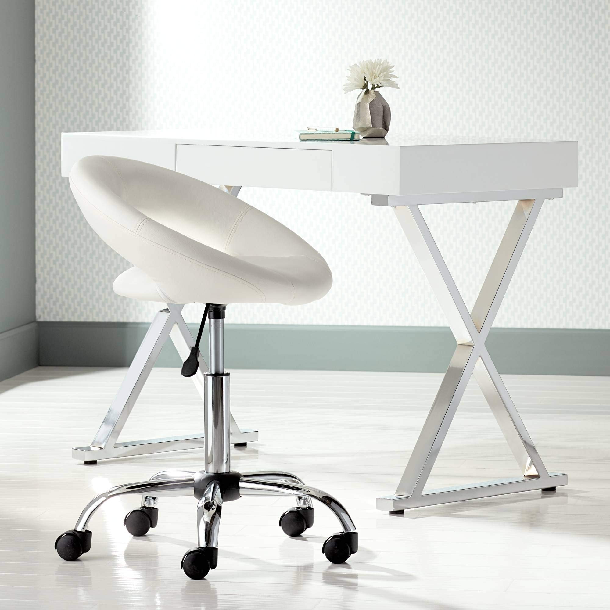 Orbit White Faux Leather Adjustable Rolling Office Stool - Studio 55D