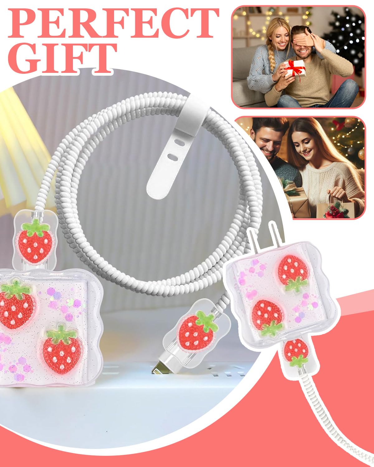 1 pezzo Protezioni a Motivo a fragola, Cavi Protezioni Compatibile con iPhone, Protettivi per Caricabatterie USB-C per Donne, Antigoccia Impedisce de Cavo Linee Dati