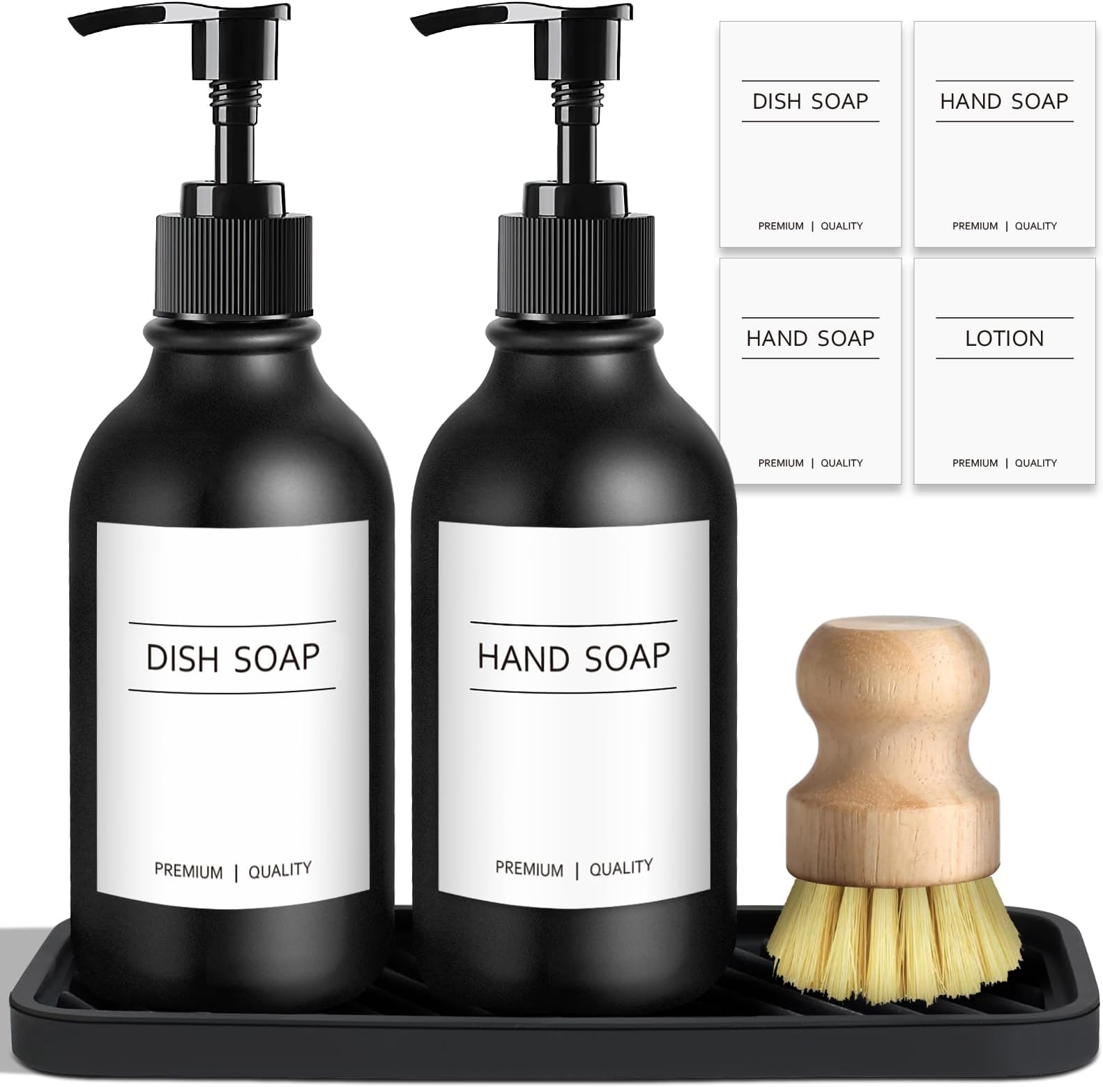 GMISUN Kitchen Soap Dispenser set, 16 Fl oz / 500ml Black Hand and Dish Soap Dispenser Set with Silicone Tray & Bamboo Brush, Refillable Dish Liquid Dispensers Bottle for Kitchen