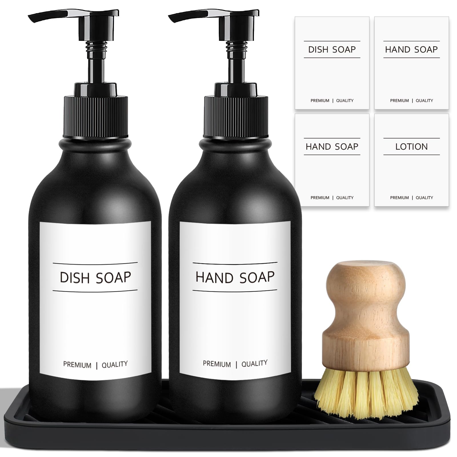 GMISUN Kitchen Soap Dispenser set, 16 Fl oz / 500ml Black Hand and Dish Soap Dispenser Set with Silicone Tray & Bamboo Brush, Refillable Dish Liquid Dispensers Bottle for Kitchen