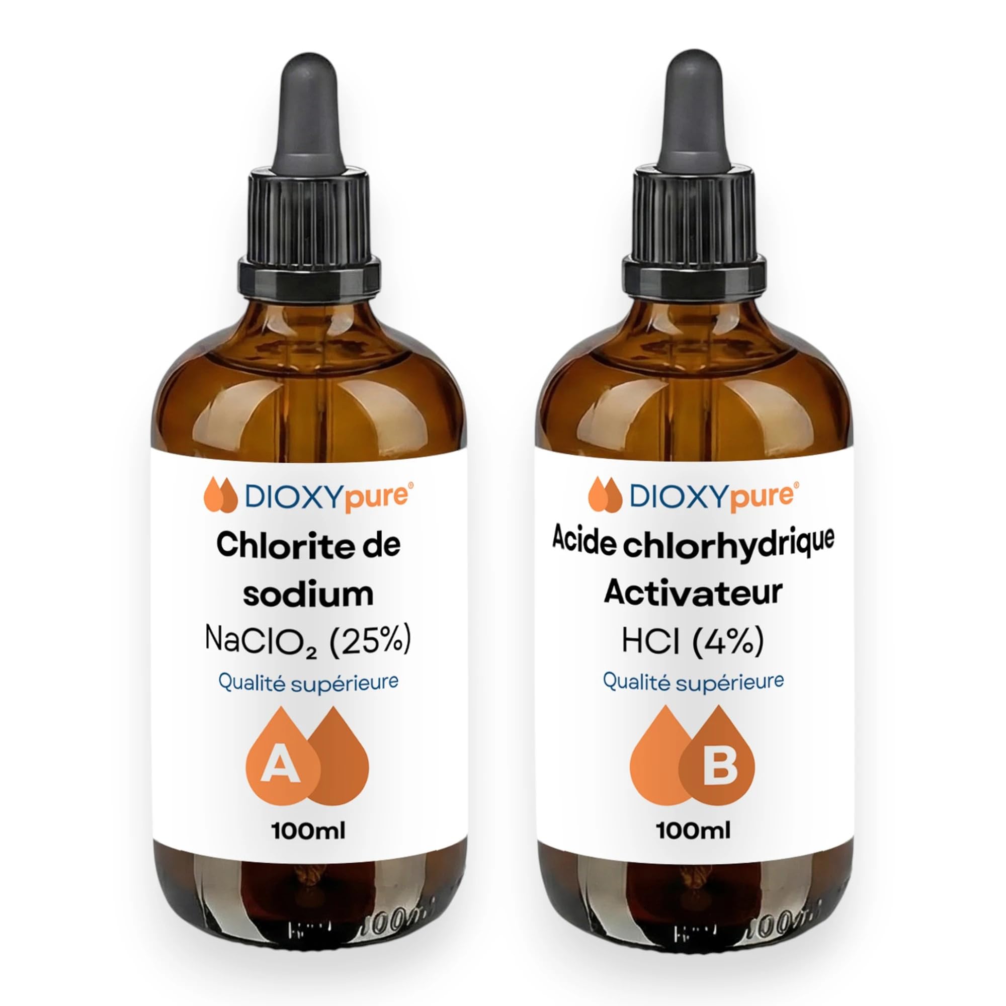 Dioxyde de Chlore - Kit de Production - 2 Flacons Compte-Gouttes en Verre de 100 ML - Chlorite de Sodium (NaClO2) 25% et Acide chlorhydrique (HCI) 4% - Désinfectant - Qualité supérieure