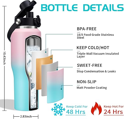 Miniatura 3 de Botellas de agua aisladas que cabe en portavasos con popote y manga, taza de viaje a prueba de fugas que mantiene el frío 48 horas calor 24 horas,