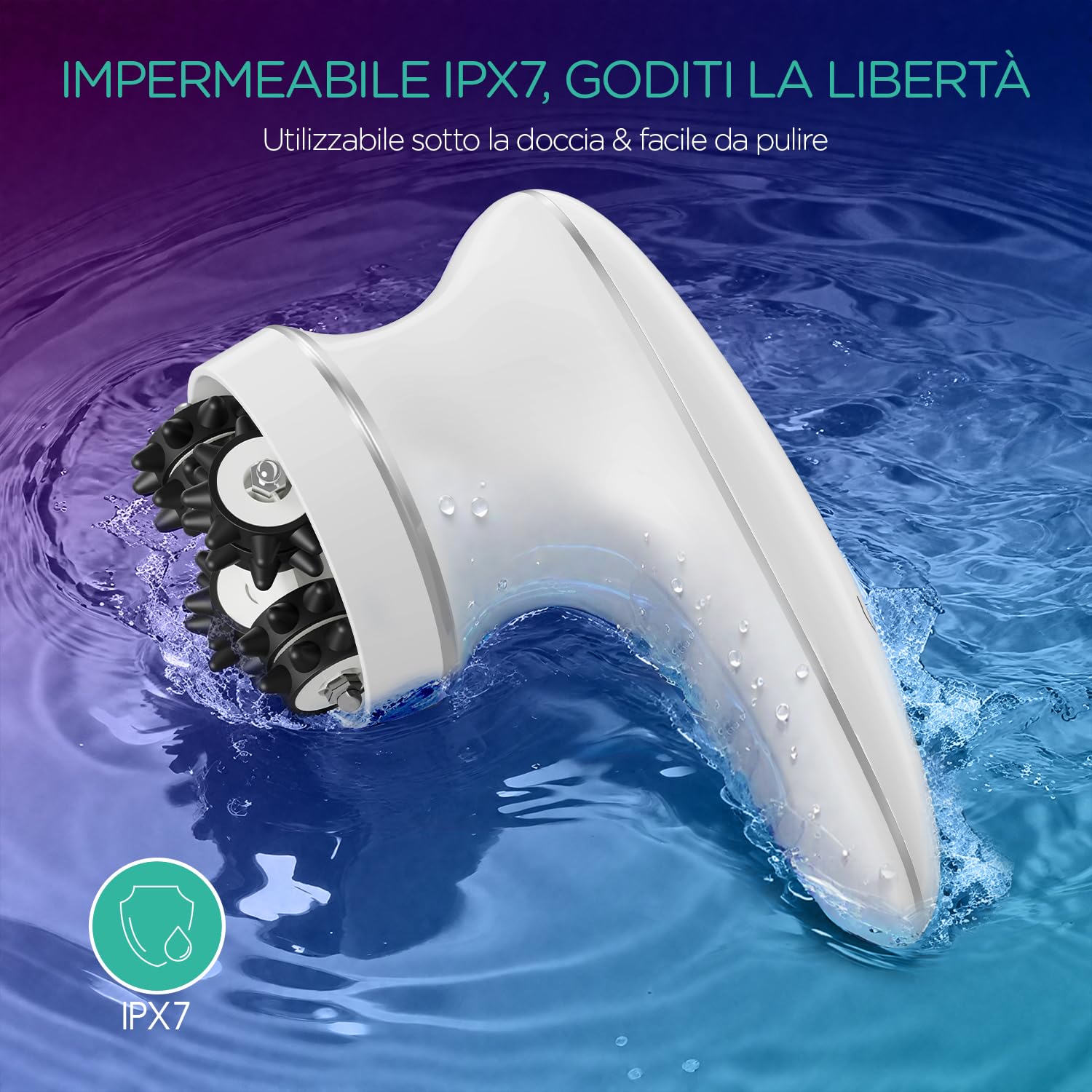 VOYOR Massaggiatore Anticellulite Cordless Elettrico per Viso Braccio Collo Corpo, 3 Teste Muti-funzional, Spazzola Pulizia, Impermeabile IPX7