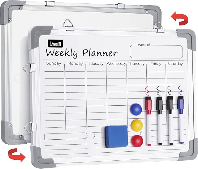 Gamenote Magnetic Weekly Planner Whiteboard for Wall - 16" x 12" Dry Erase White Board Calendar Whiteboard Meal Planner Boards for Menu Memo Notes