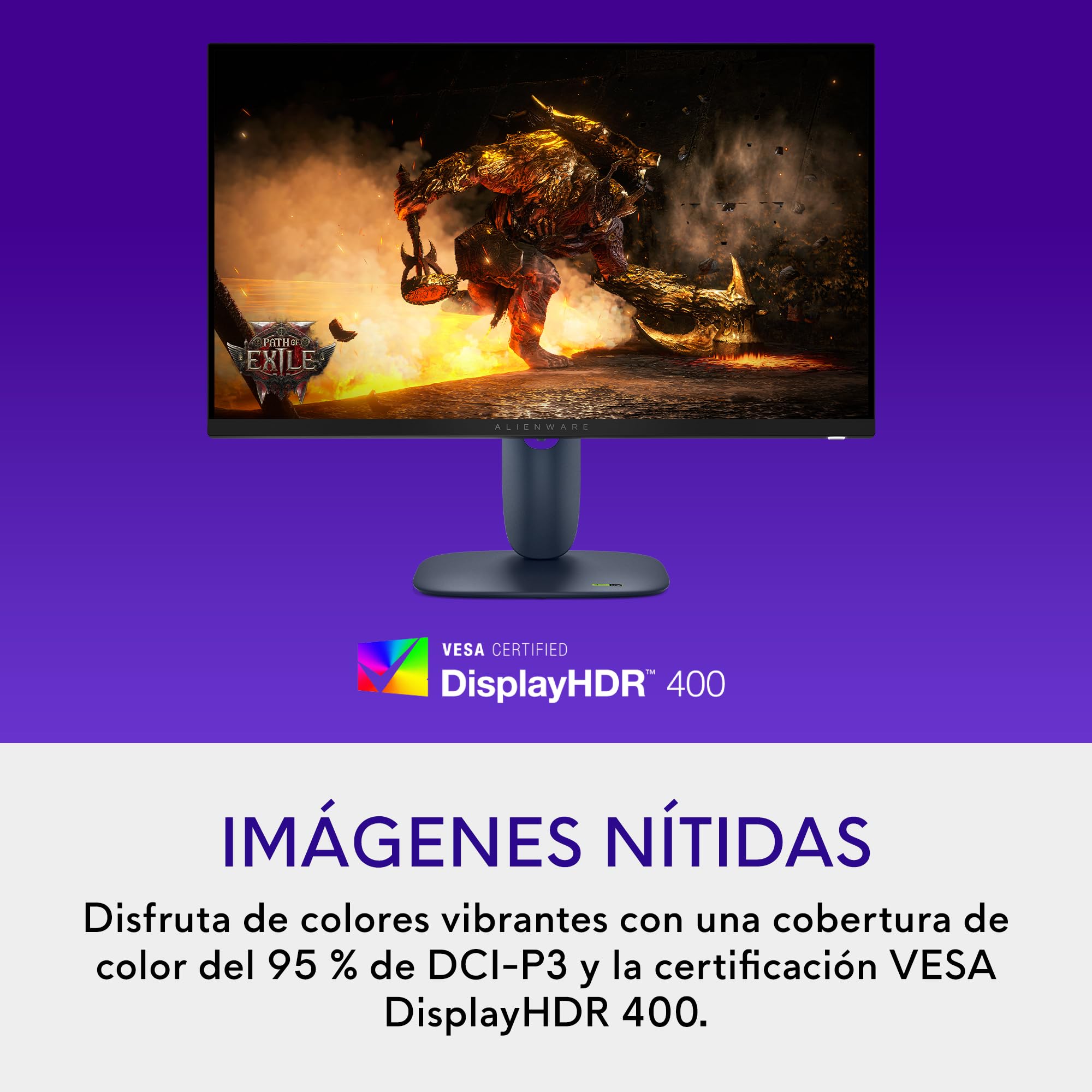 Alienware 27 Monitor Gaming - AW2725DM, QHD (2560x1440), 180Hz, Fast IPS, 1ms, NVIDIA G-Sync Compatible, AMD FreeSync, 95% DCI-P3, HDR400, DisplayPort, 2 HDMI, 3 USB, 3 Años de Garantía