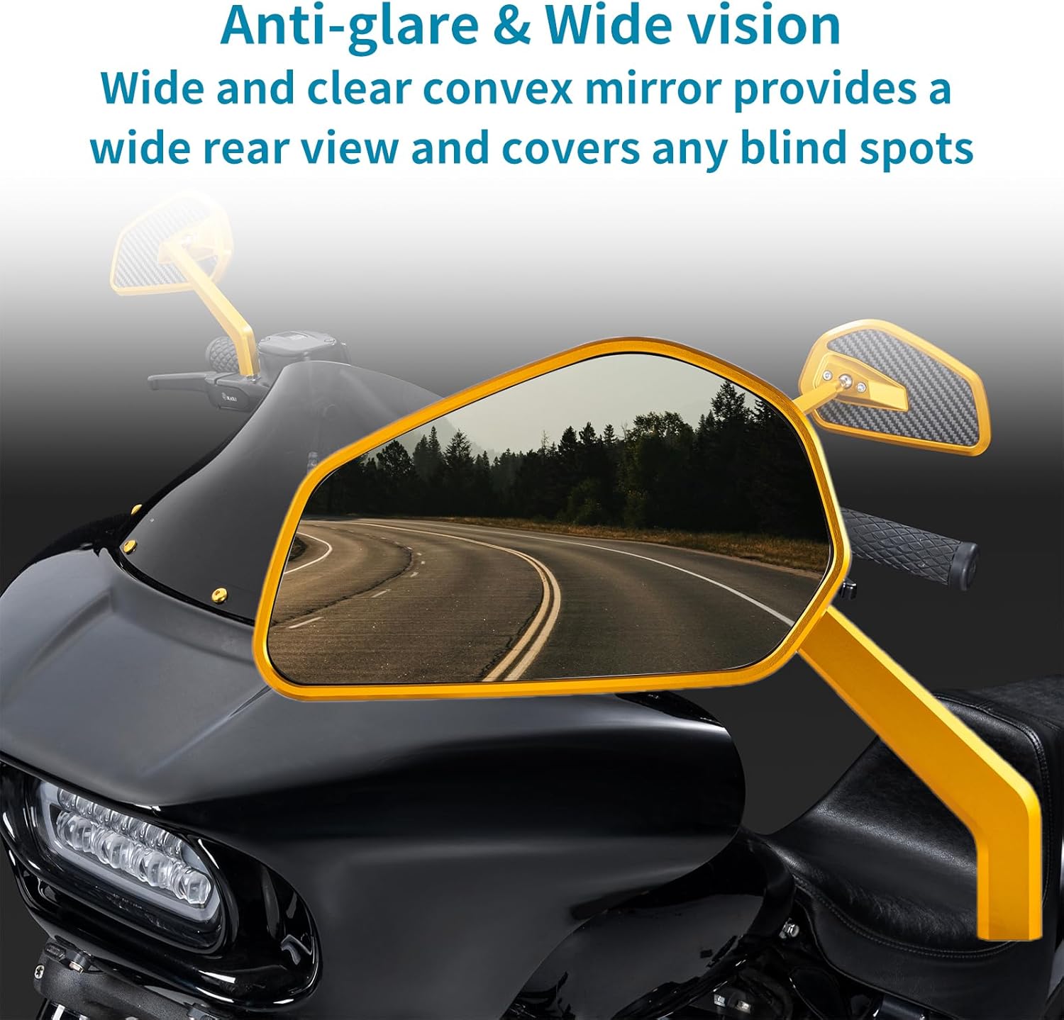 Motorcycle Rearview Mirror, CNC Carbon Fiber Rearview Mirror Fit For Harley Touring, Softail, Dyna, Sportster, Street Bob, Low Rider S, Road King, Fat Boy, and XL883 (Gold)