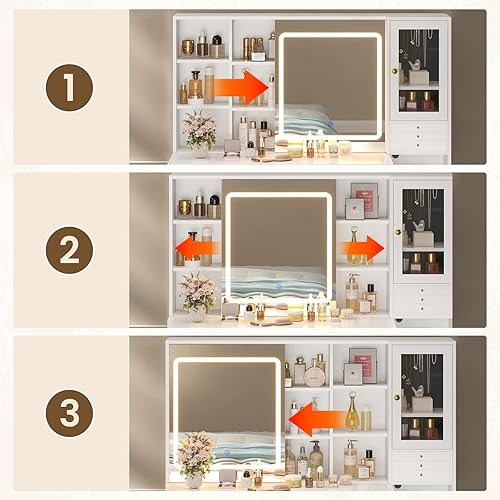 Miniatura 3 de Makeup Vanity Desk with Lights & Sliding Mirror & Power Outlets, Modern Vanity Table with 5 Drawers & Shelves, White Dressing Table for Women Girls,