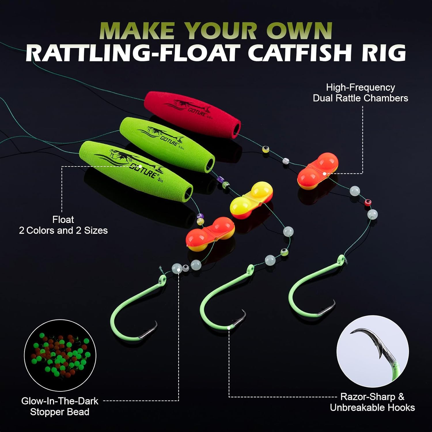 Goture Catfish Rig Making Kit,274pcs/300pcs Catfishing Tackle with Luminous Fishing Hook Swivel Sinker Weights Rattle Float Bobber Stoppers,Catfish Rigs Accessories with 3600 Tackle Box,Gifts for Men