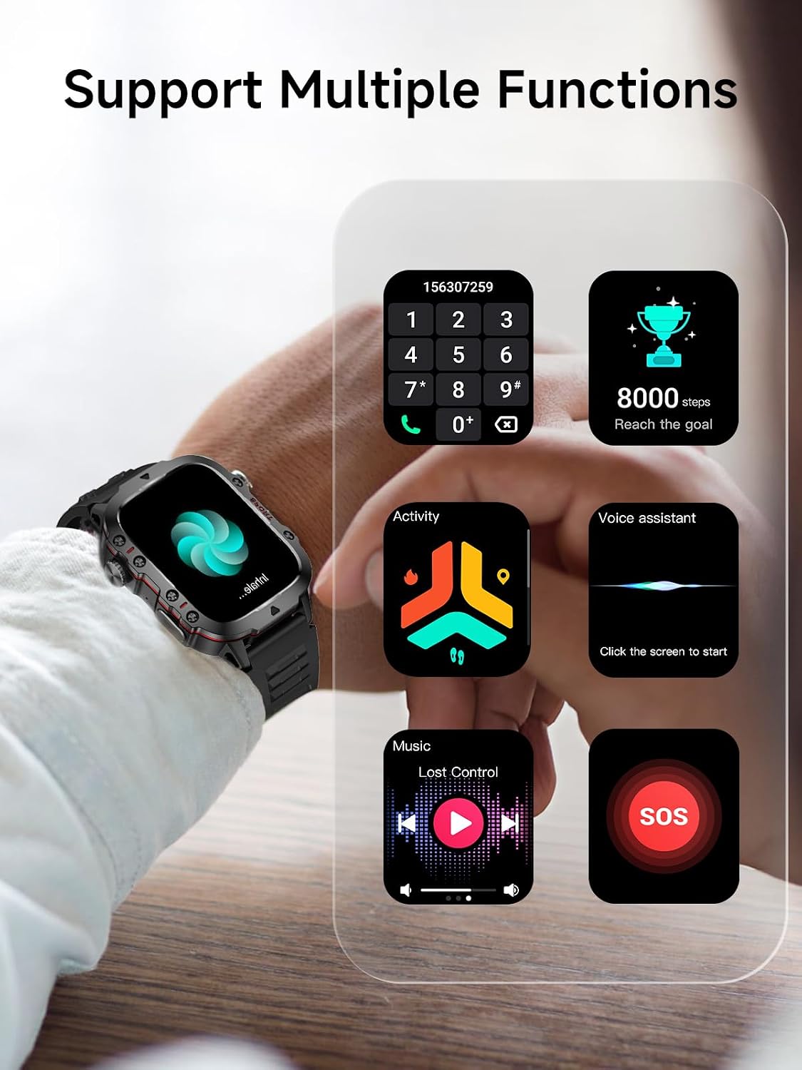 Blood Pressure Watch Men, IP68 Waterproof Blood Pressure Watch, 1.96" High-Resolution Touch Screen Smart Fitness Tracker with 100+ Sport Modes Compatible with Android iOS, Black