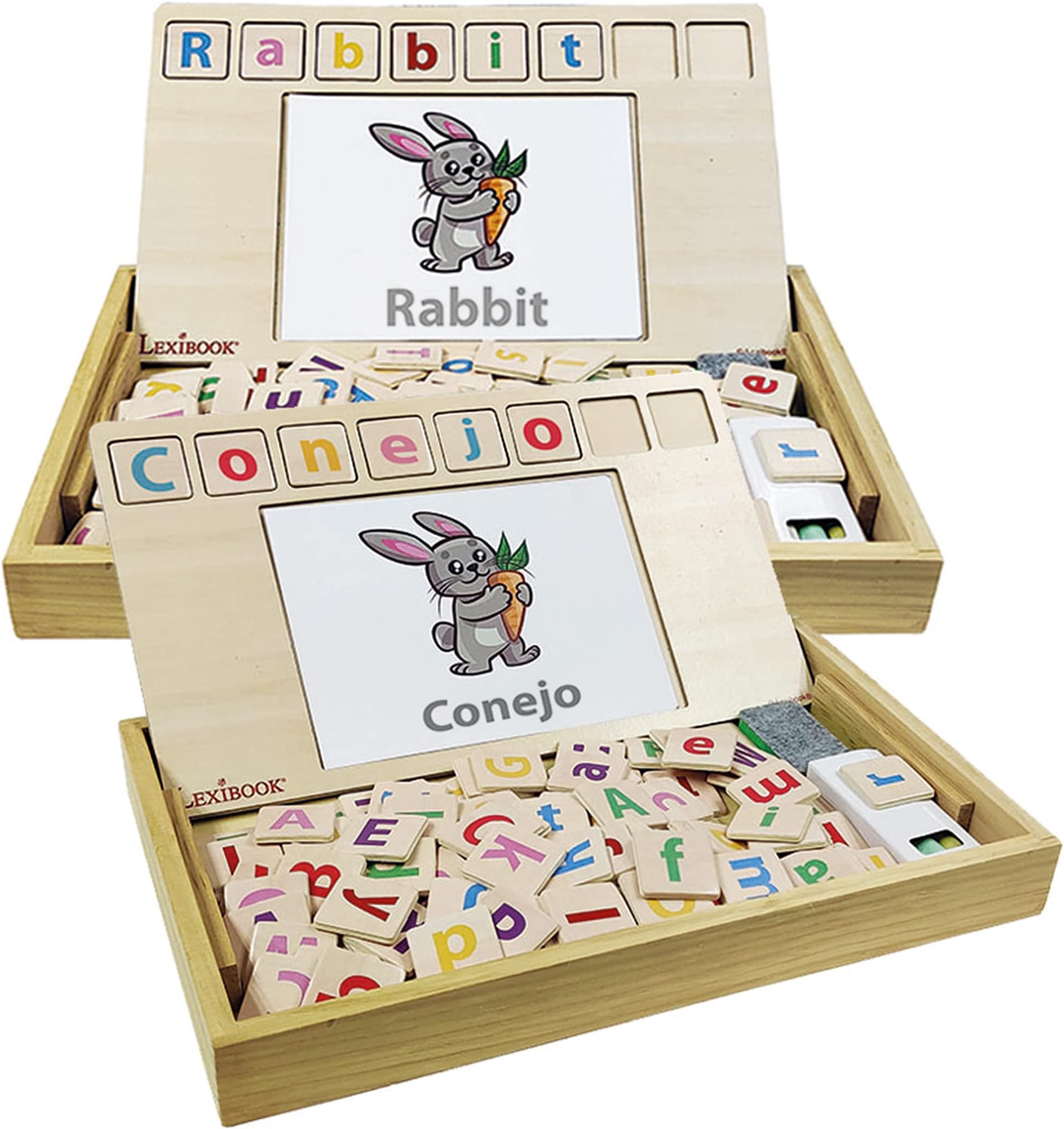 LEXIBOOK - Bio Toys Word School, Bilingual English/Spanish Wood, 50 Cards, Alphabet, Educational Game, 3+ years, EDU100i2, Multicolor