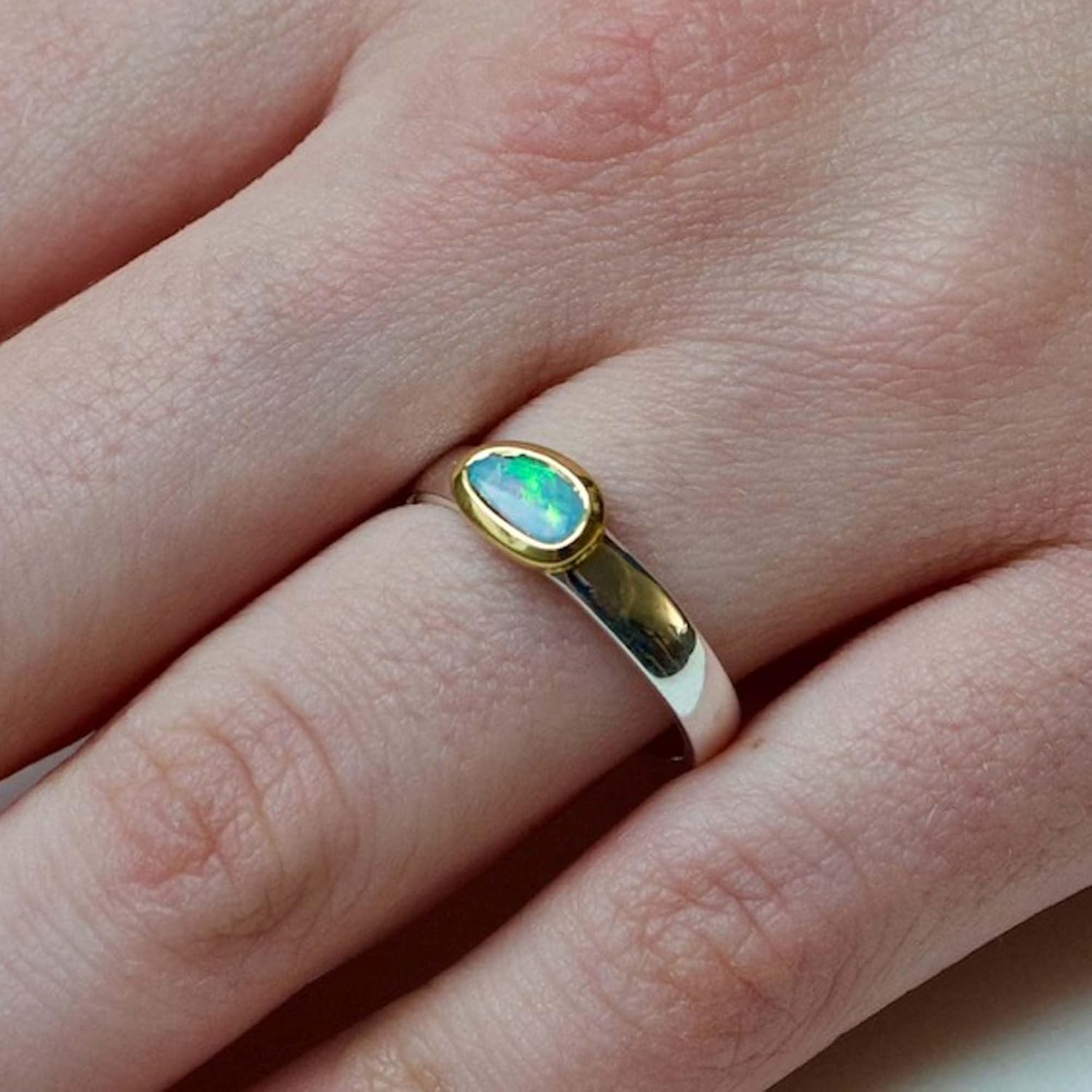 Natural Opal Ring 925 Sterling Silver Ring For Women Handmade Ring Multicolor Gemstone Ring Two Tone Band Ring Promise Gift For Her