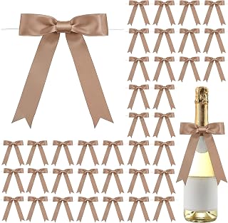 Riceshoot 50 Pcs Satin Ribbon Bows 5x7 Inch Large Twist Tie Bow for Gift Wrapping Champagne Bottle Balloon Treat Bag DIY Craft Gift Wedding Bridal Baby Shower Christmas Birthday Party (Champagne)