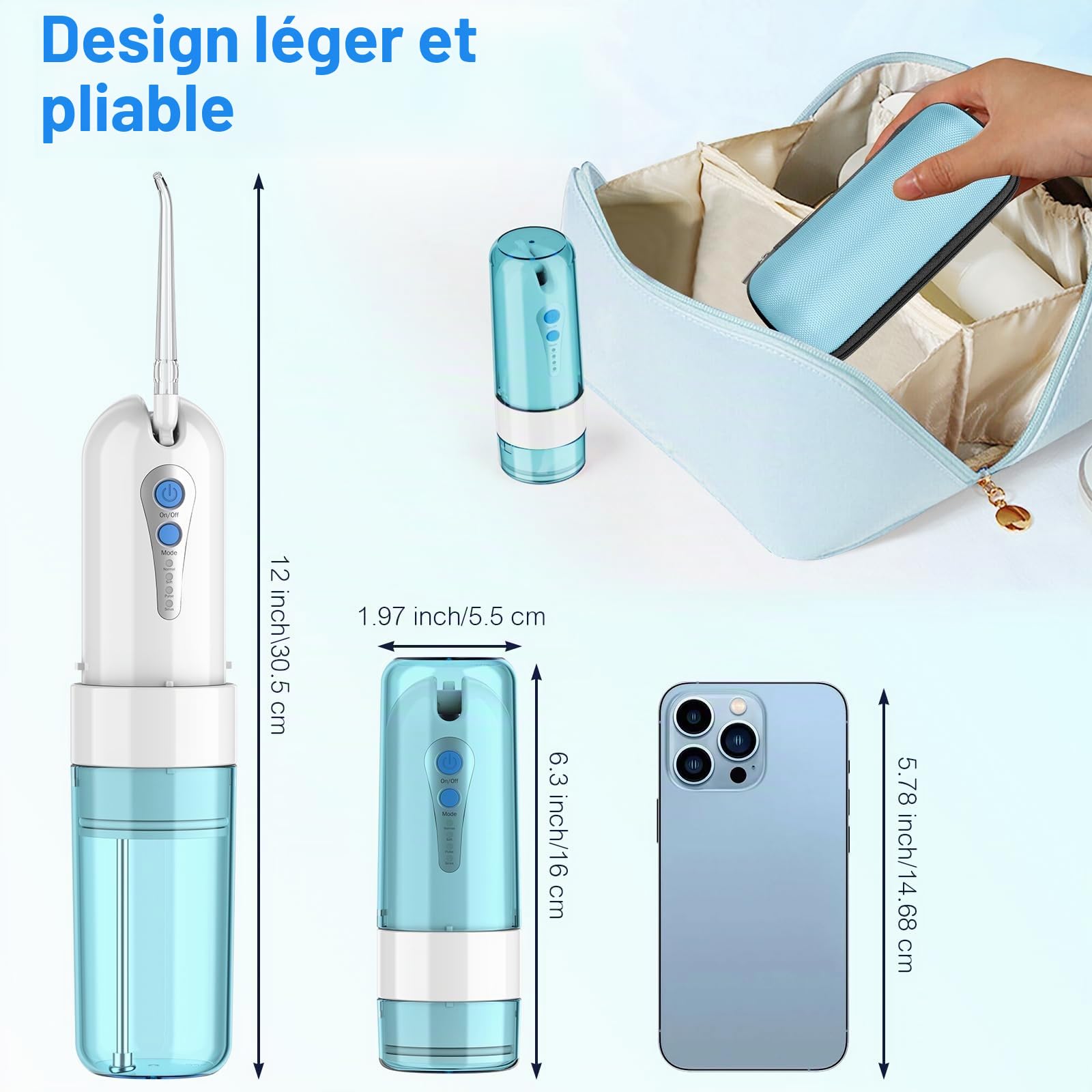 Hydropulseur Sans Fil, Mini Irrigateur Buccal Portable avec Boîte de Rangement, 4 Modes et 5 Buses, Fil Dentaire Électrique, Étanchéité IPX7, Adapté pour la Maison et les Voyages (Bleu/Blanc)