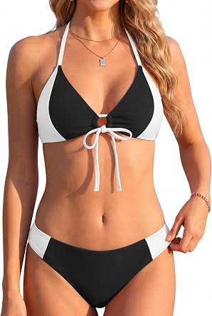 Women Bikini Set Two Piece Push Up Color Block Swimsuit with Adjustable Cross Back Chest Tie