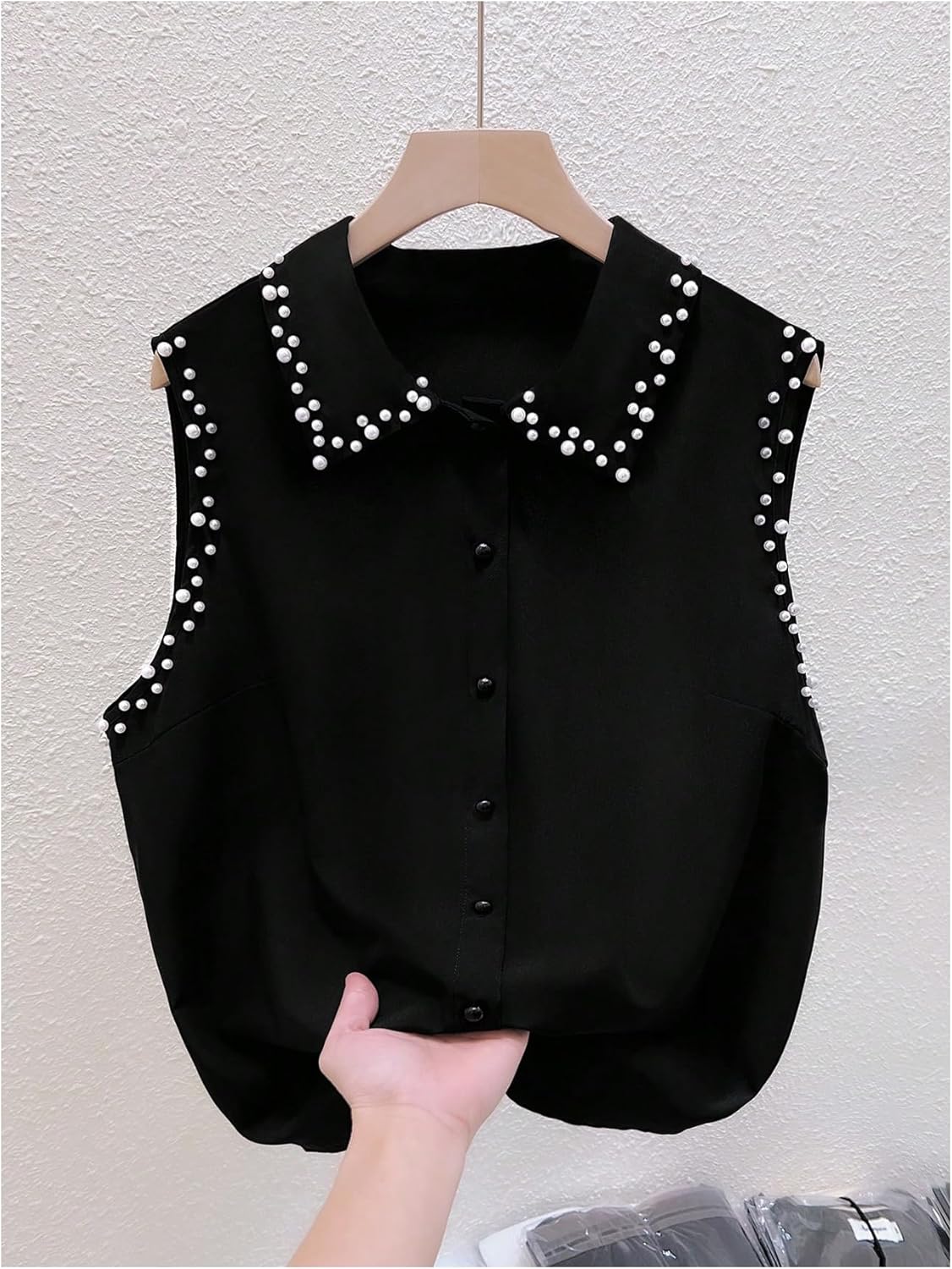 Verdusa Women's Plus Size Beaded Tops Pearl Button Down Dressy Blouse Sleeveless Collared Shirts - Image 2