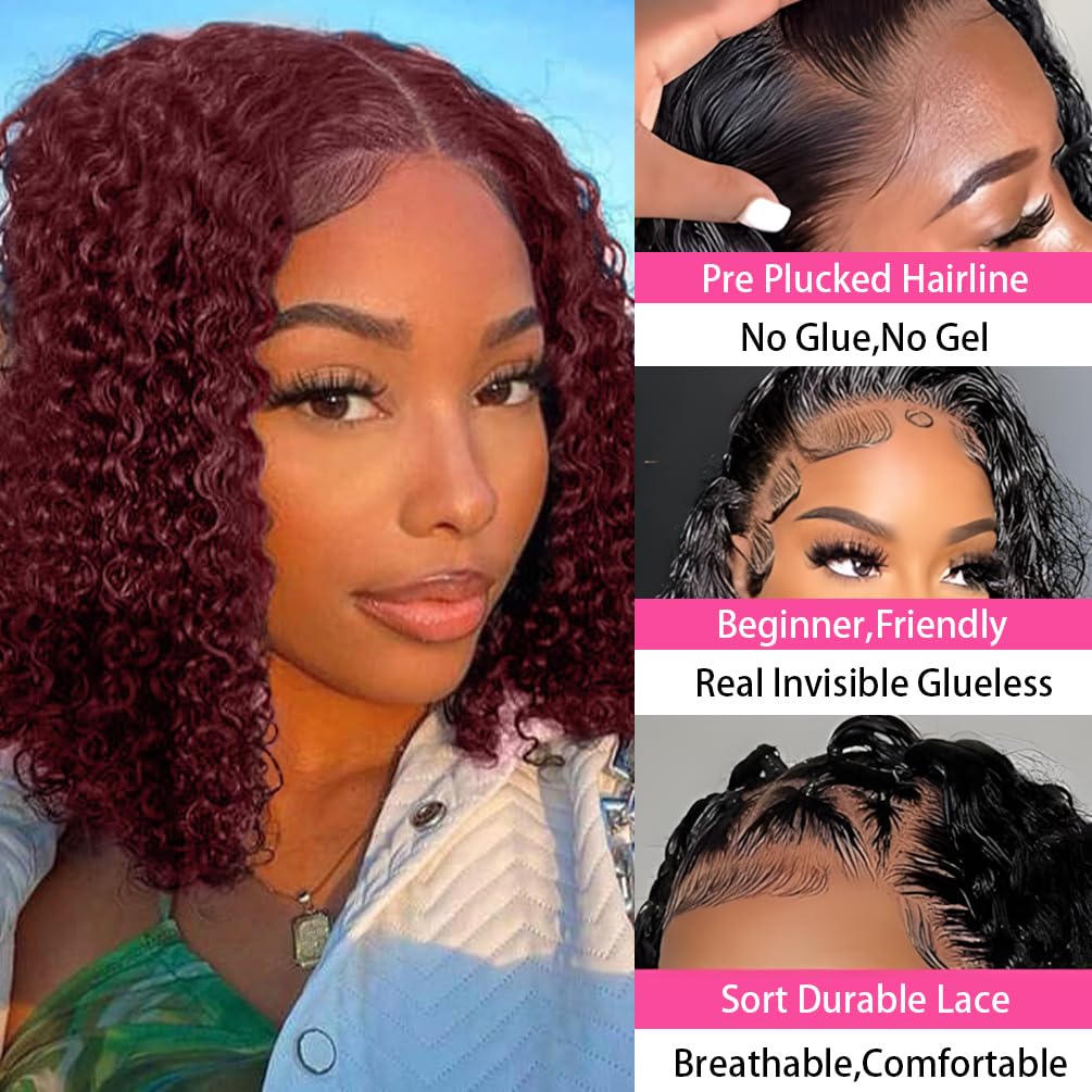 Wear and Go - Peluca sin pegamento, precortada, estilo Bob 4x4, rizada, encaje frontal, pelucas de cabello humano de densidad del 180 %, para mujeres negras, borgoña, 10 pulgadas