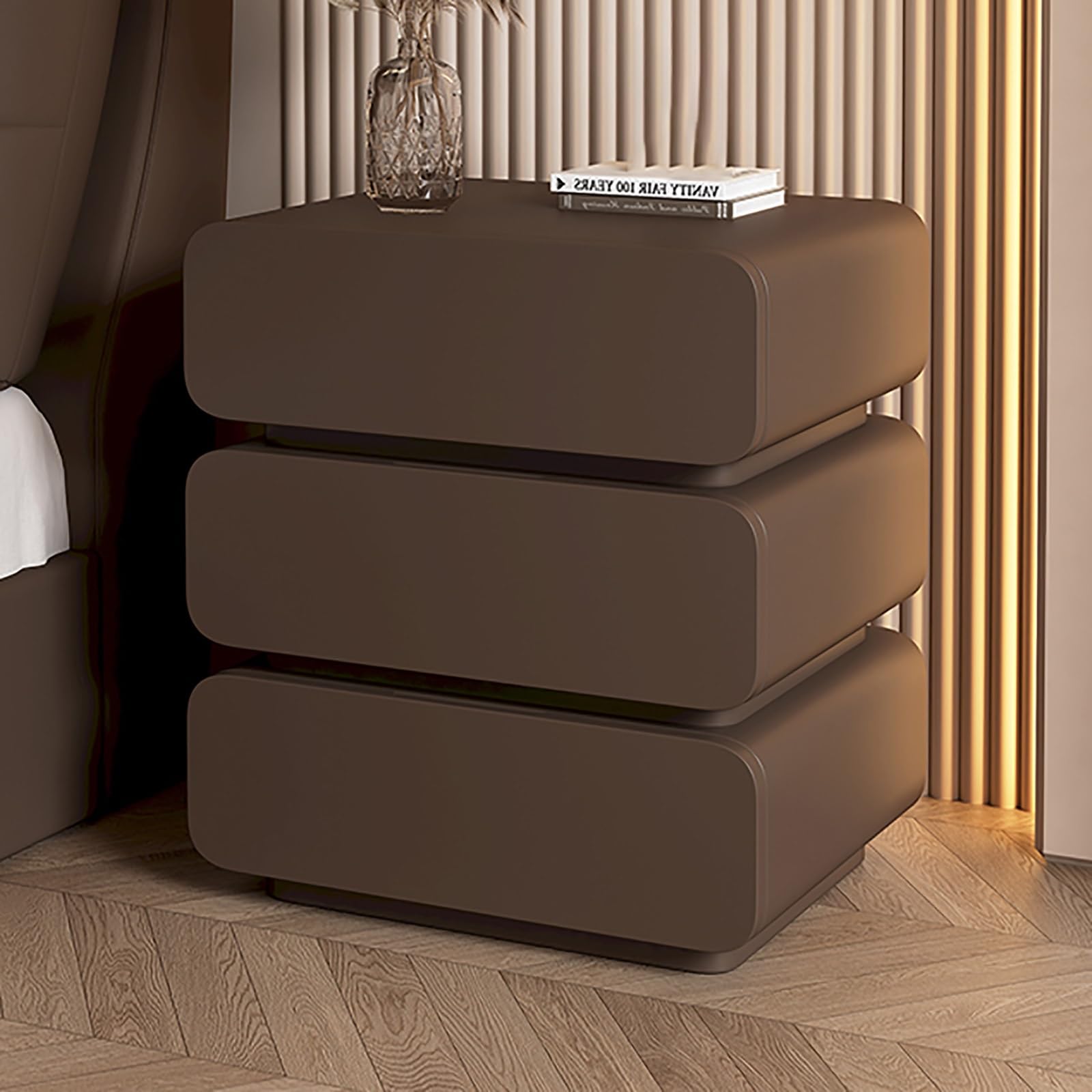 SXZenSpace Wood Nightstand with 3 Drawers & Hidden Handle SpaceSaving Storage Cabinet for Bedroom Living Room or Office (Coffee 45cm) Stylish and Functional Furniture