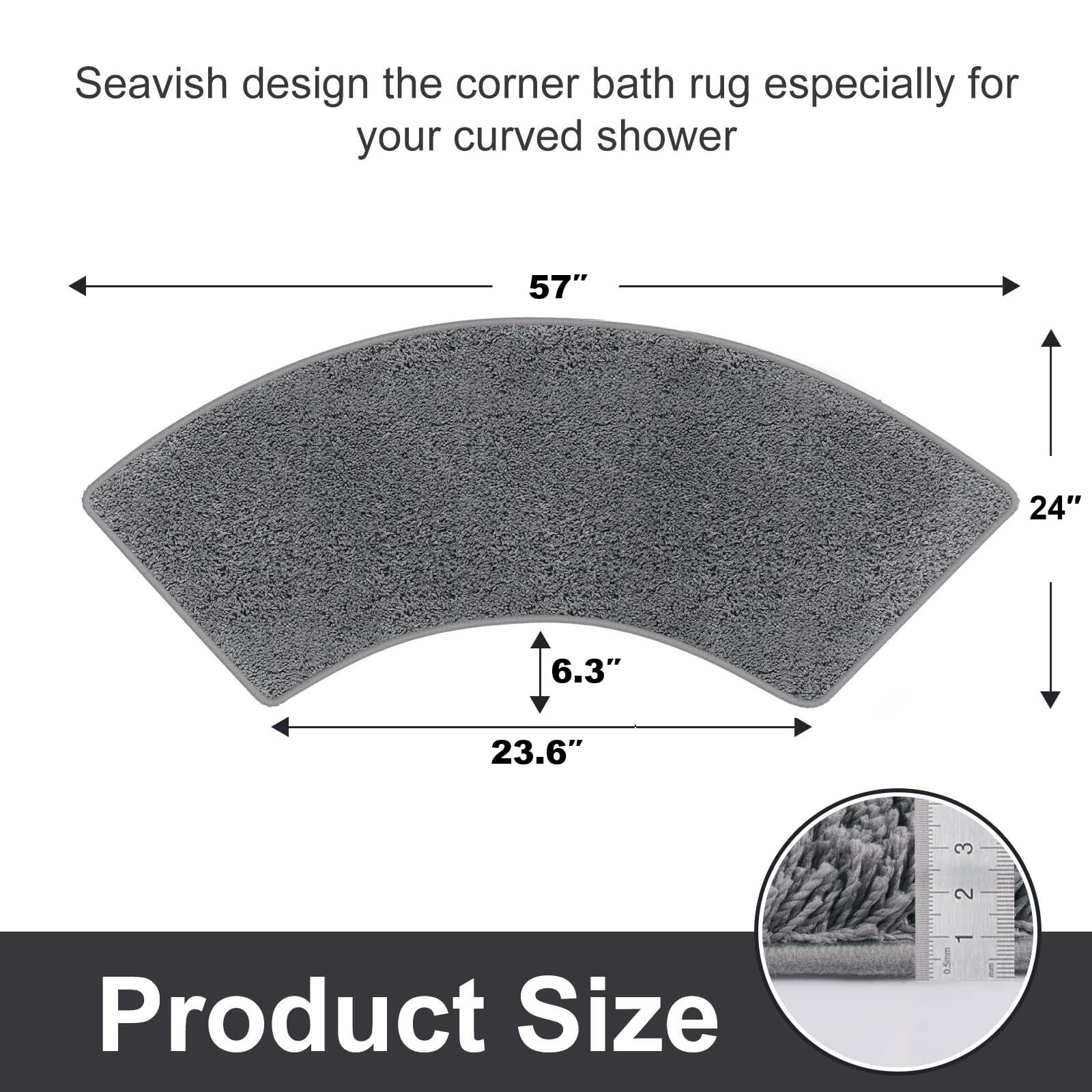 Seavish Lujosa Alfombra de baño Curvada de Pelo Largo, Color Gris, de 18 x 57 Pulgadas, Antideslizante, de Microfibra, Suave, Absorbente, Lavable, Alfombra de Esquina para Ducha cuadrante
