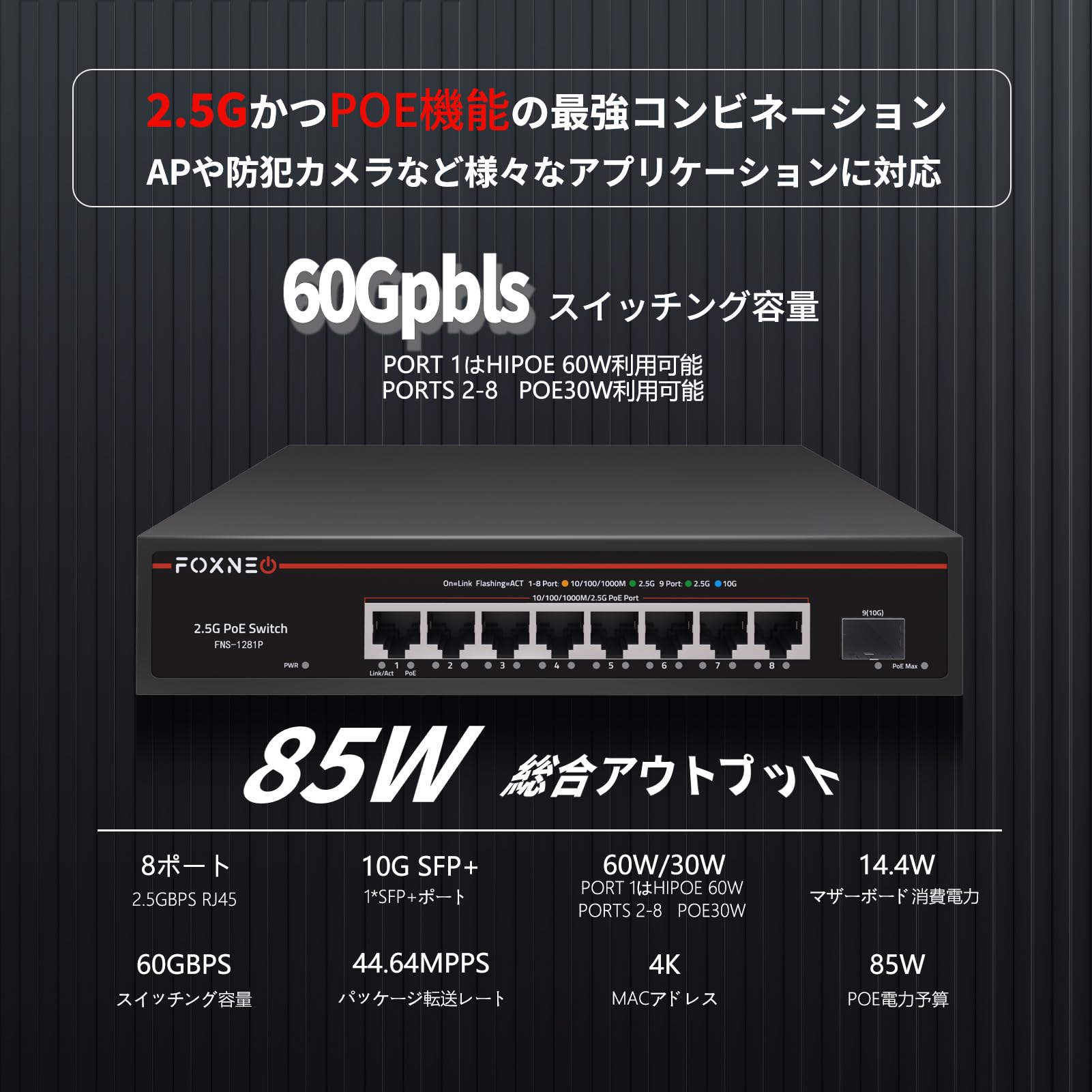 Amazon.co.jp: FOXNEO 2.5G PoE スイッチングハブ | 8ポートPoE（最大